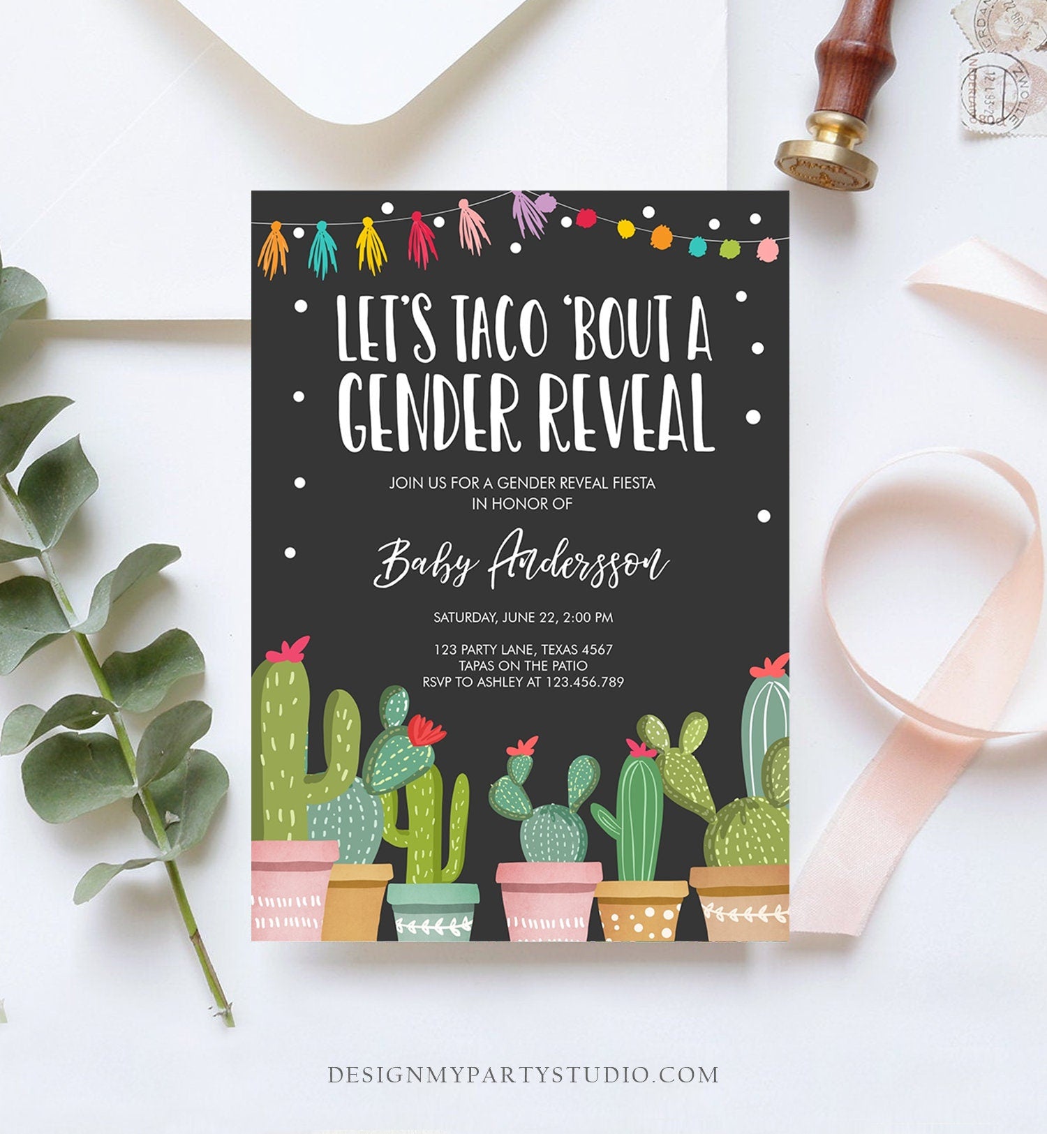 Editable Taco Bout a Gender Reveal Invitation Cactus Mexican Fiesta He or She Boy or Girl Party Download Printable Corjl Template 0254