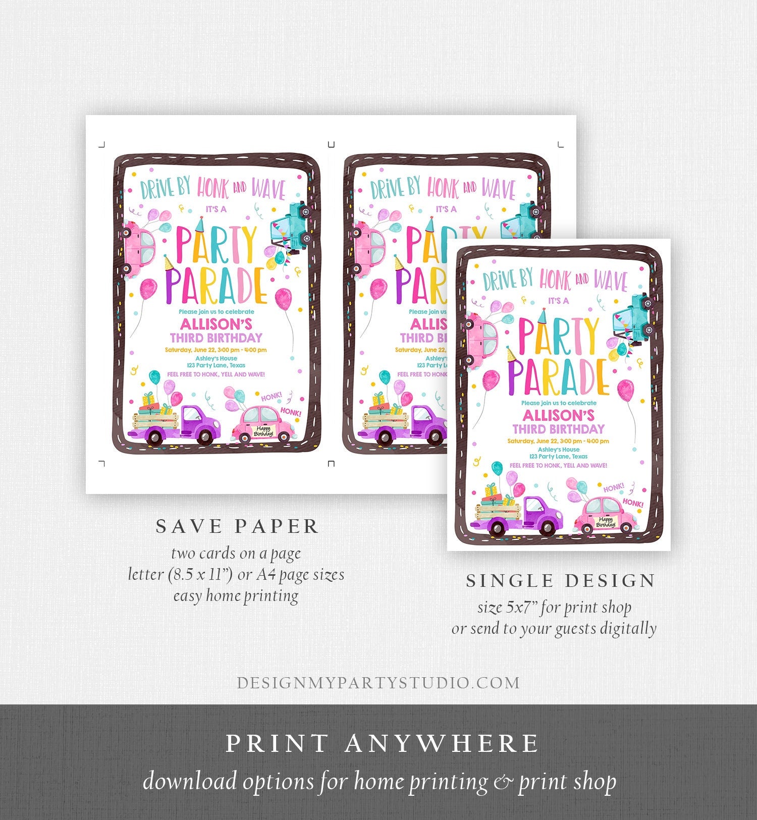 Editable Drive By Birthday Parade Invitation Virtual Party Invite Honk Wave Car Girl Pink Quarantine Instant Download Digital Corjl 0333