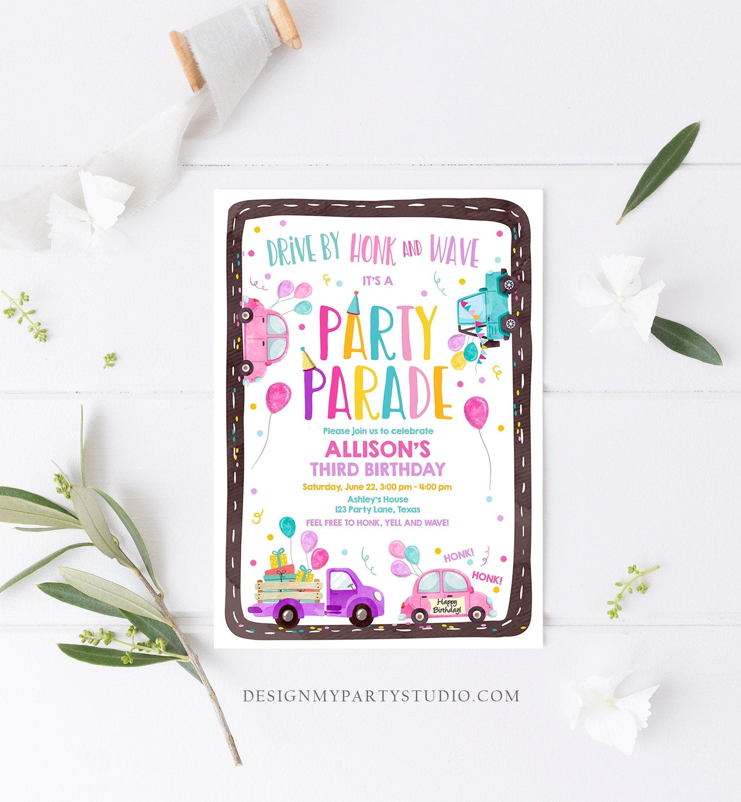 Editable Drive By Birthday Parade Invitation Virtual Party Invite Honk Wave Car Girl Pink Quarantine Instant Download Digital Corjl 0333