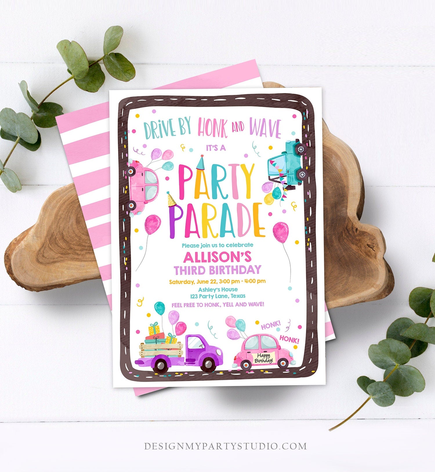 Editable Drive By Birthday Parade Invitation Virtual Party Invite Honk Wave Car Girl Pink Quarantine Instant Download Digital Corjl 0333