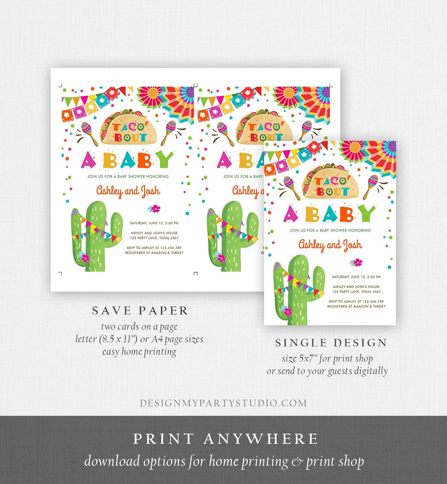 Editable Taco Bout A Baby Baby Shower Invitation Fiesta Cactus Mexican Couples Coed Shower Instant Download Printable Corjl Template 0045