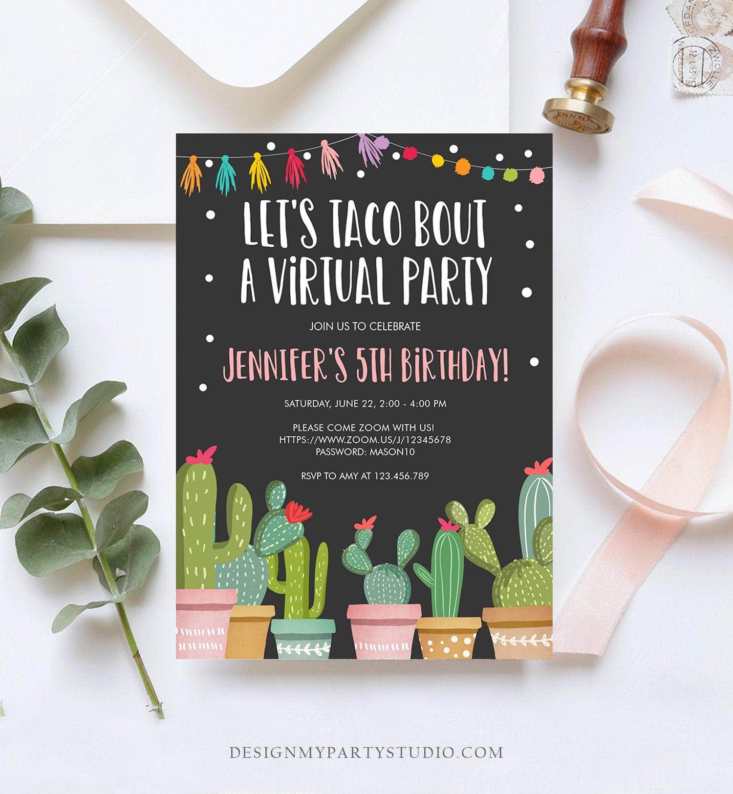 Editable Taco Bout a Virtual Party Birthday Invitation Fiesta Cactus Zoom Party Video Chat Quarantine Party Distancing Corjl Template 0254