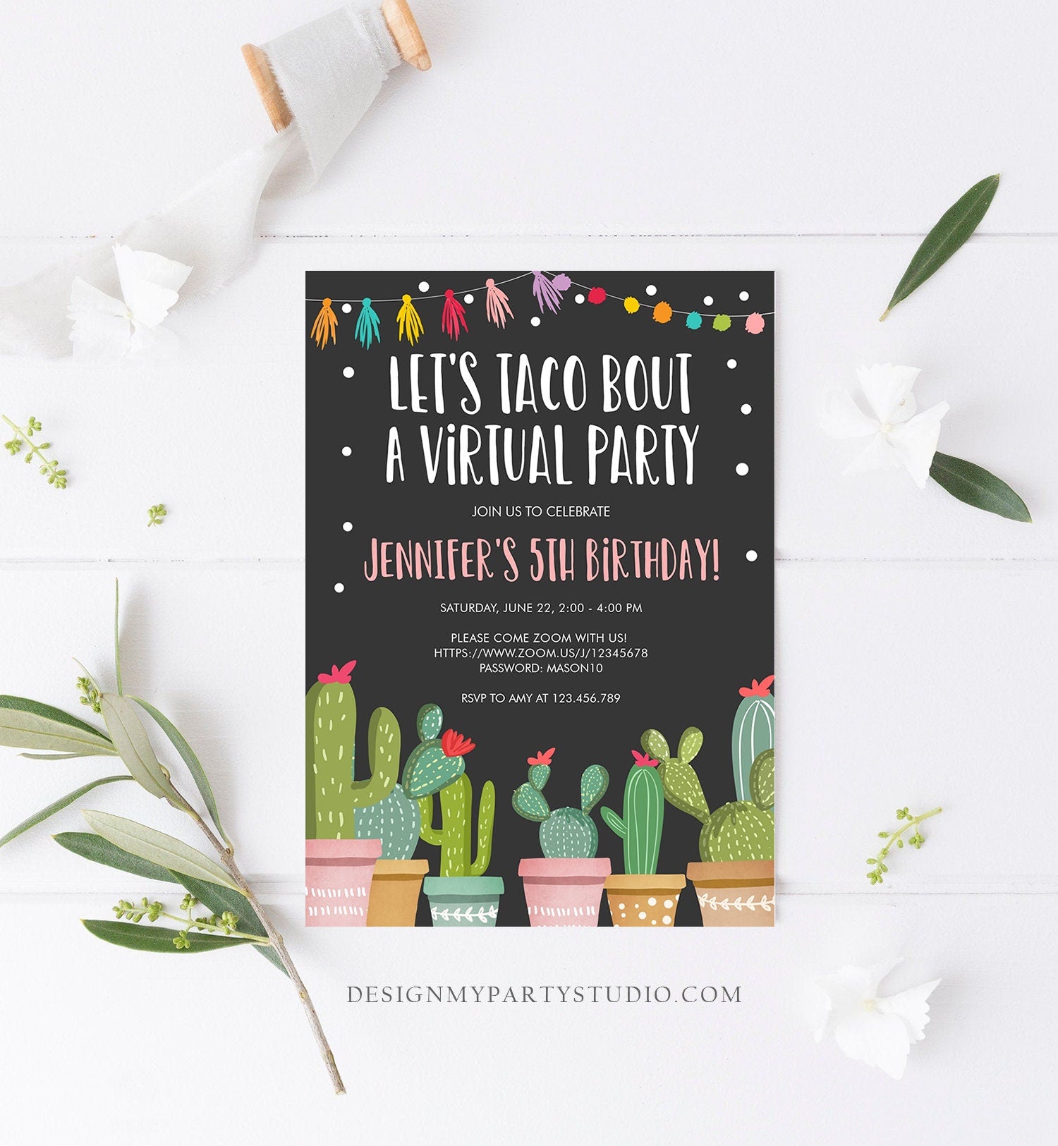 Editable Taco Bout a Virtual Party Birthday Invitation Fiesta Cactus Zoom Party Video Chat Quarantine Party Distancing Corjl Template 0254