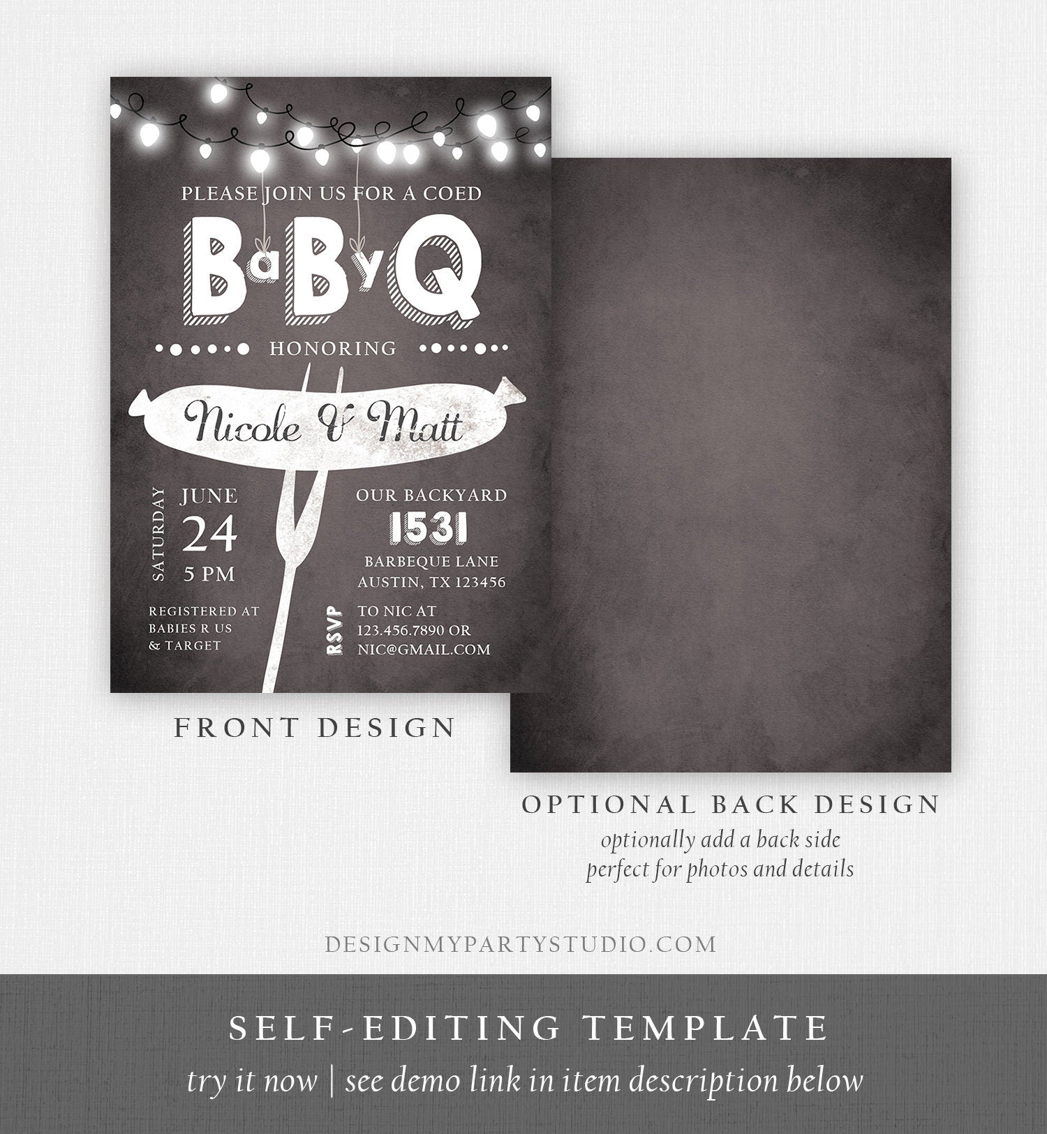 Editable Baby Q Invitation Coed BBQ Baby Shower Rustic String Lights Jars Gender Neutral Baby-Q Chalk Backyard Corjl Template Printable 0145