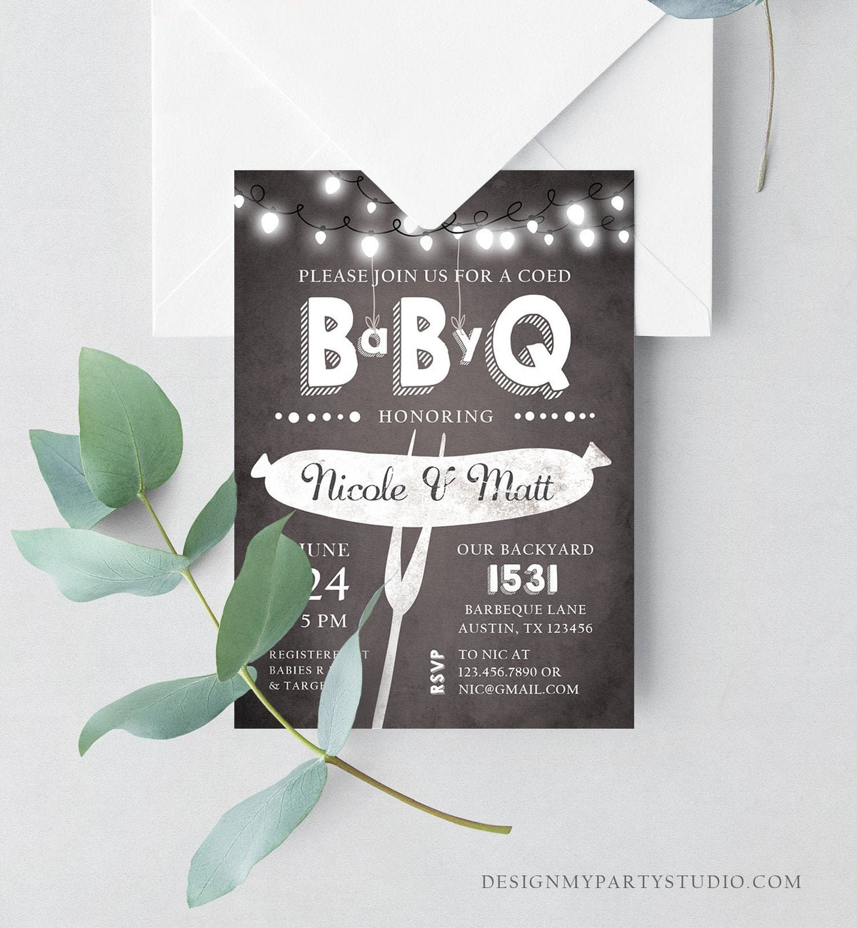 Editable Baby Q Invitation Coed BBQ Baby Shower Rustic String Lights Jars Gender Neutral Baby-Q Chalk Backyard Corjl Template Printable 0145