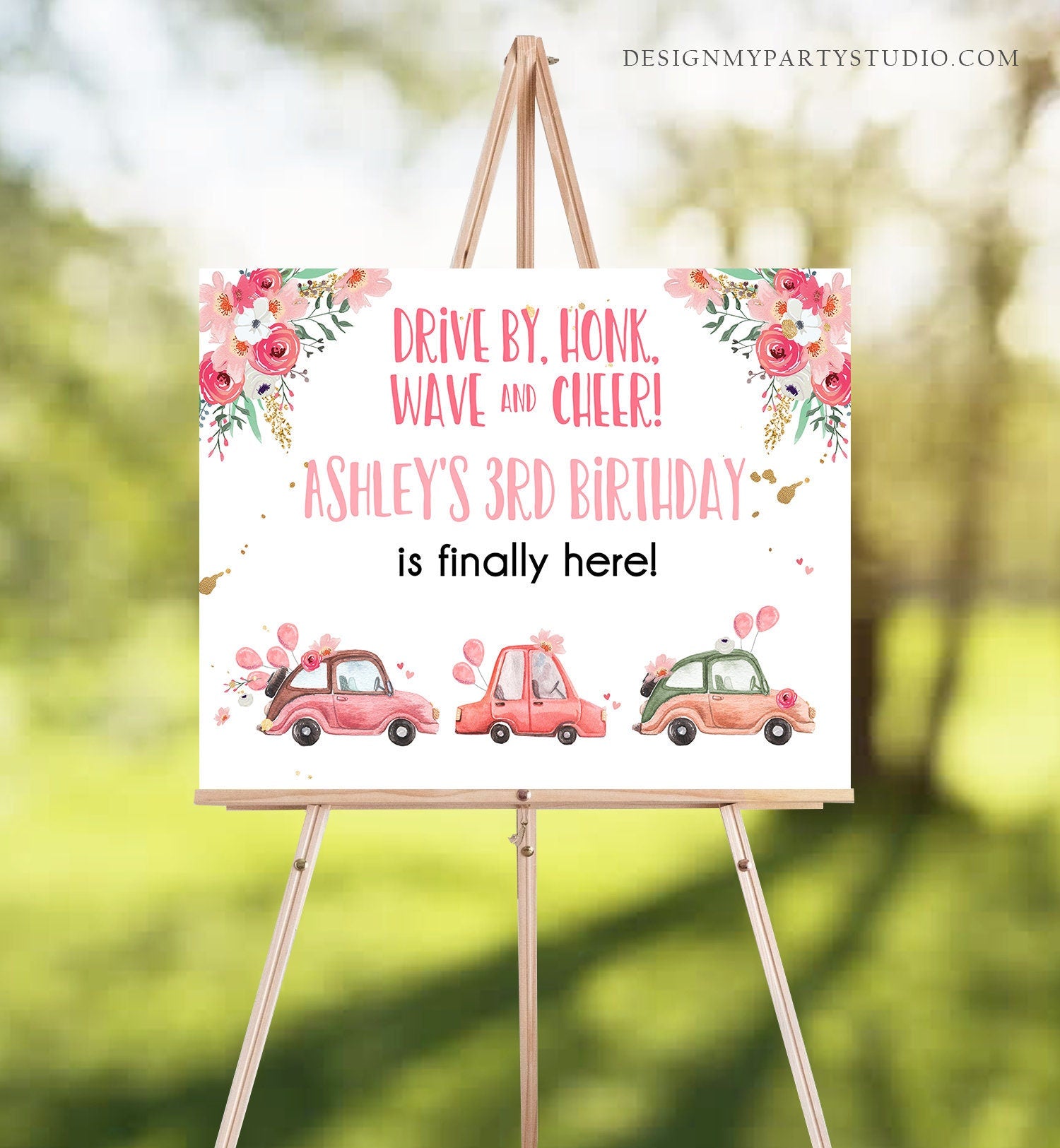 Editable Drive By Birthday Sign Welcome Girl Quarantine Party Poster Welcome Birthday Parade Sign Pink Floral Template PRINTABLE Corjl 0335