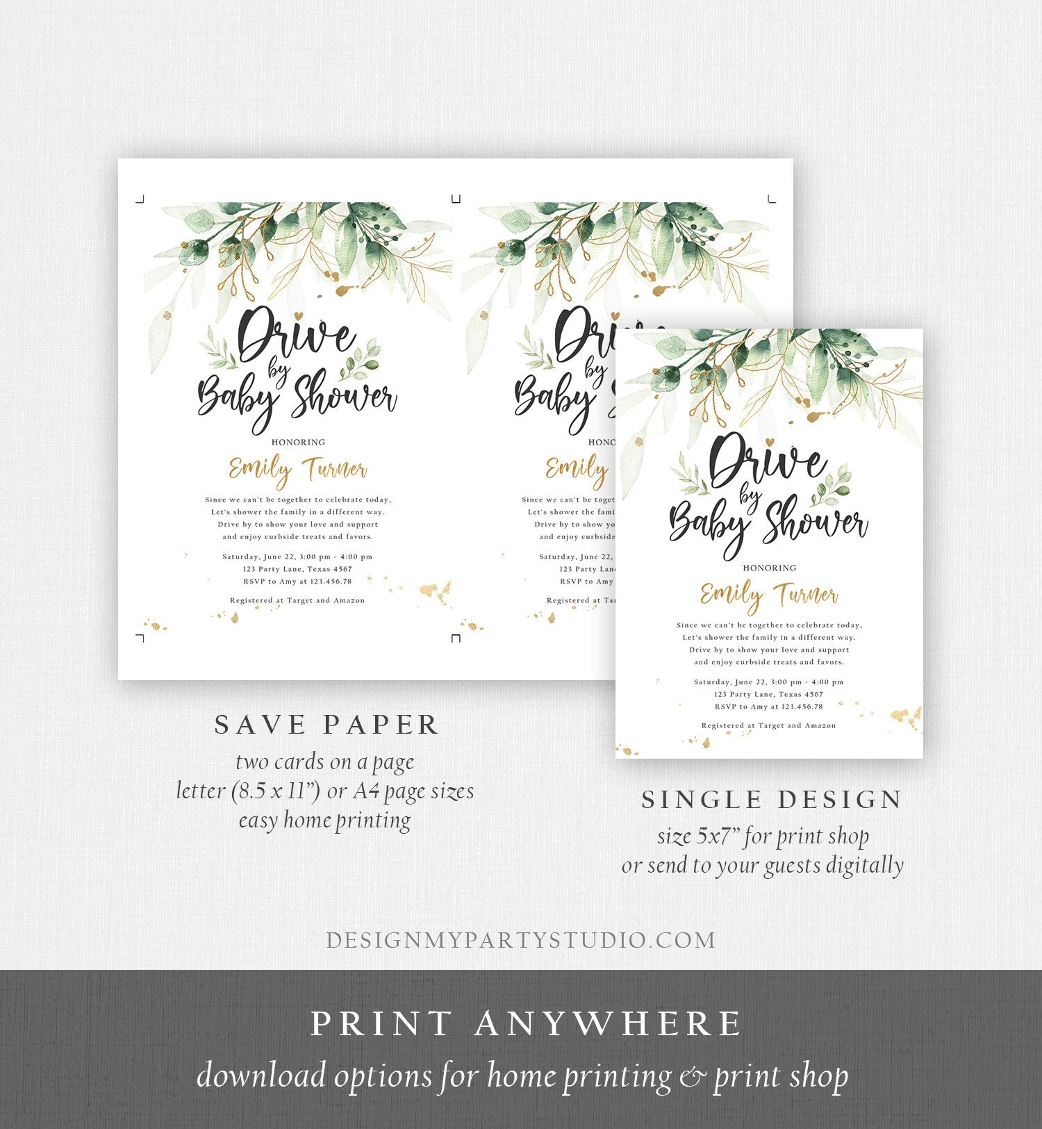 Editable Drive By Baby Shower Invitation Drive Through Social Distancing Gold Green Floral Greenery Couples Shower Green Corjl Template 0168