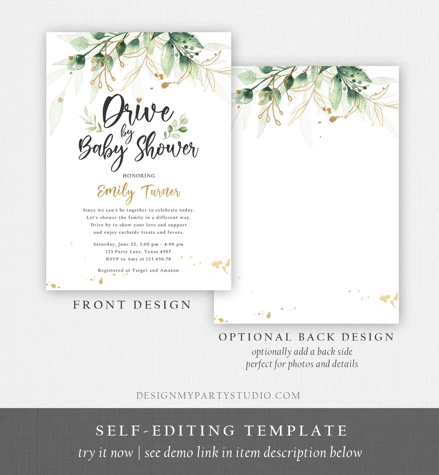 Editable Drive By Baby Shower Invitation Drive Through Social Distancing Gold Green Floral Greenery Couples Shower Green Corjl Template 0168