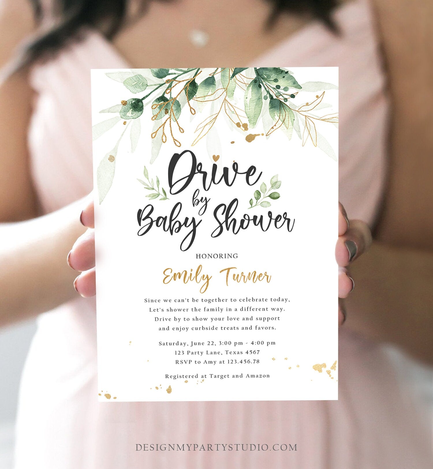 Editable Drive By Baby Shower Invitation Drive Through Social Distancing Gold Green Floral Greenery Couples Shower Green Corjl Template 0168