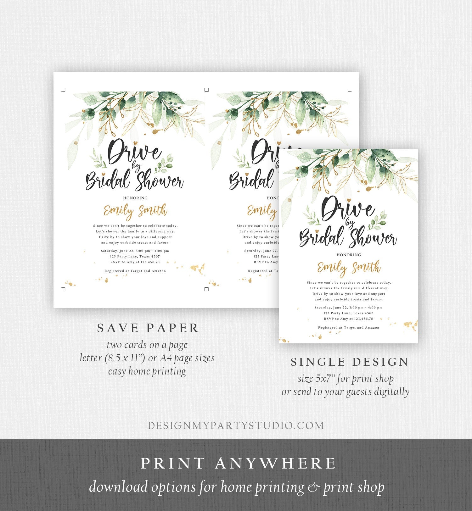 Editable Drive By Bridal Shower Invitation Drive Through Social Distancing Gold Floral Greenery Couples Coed Shower Corjl Template 0168