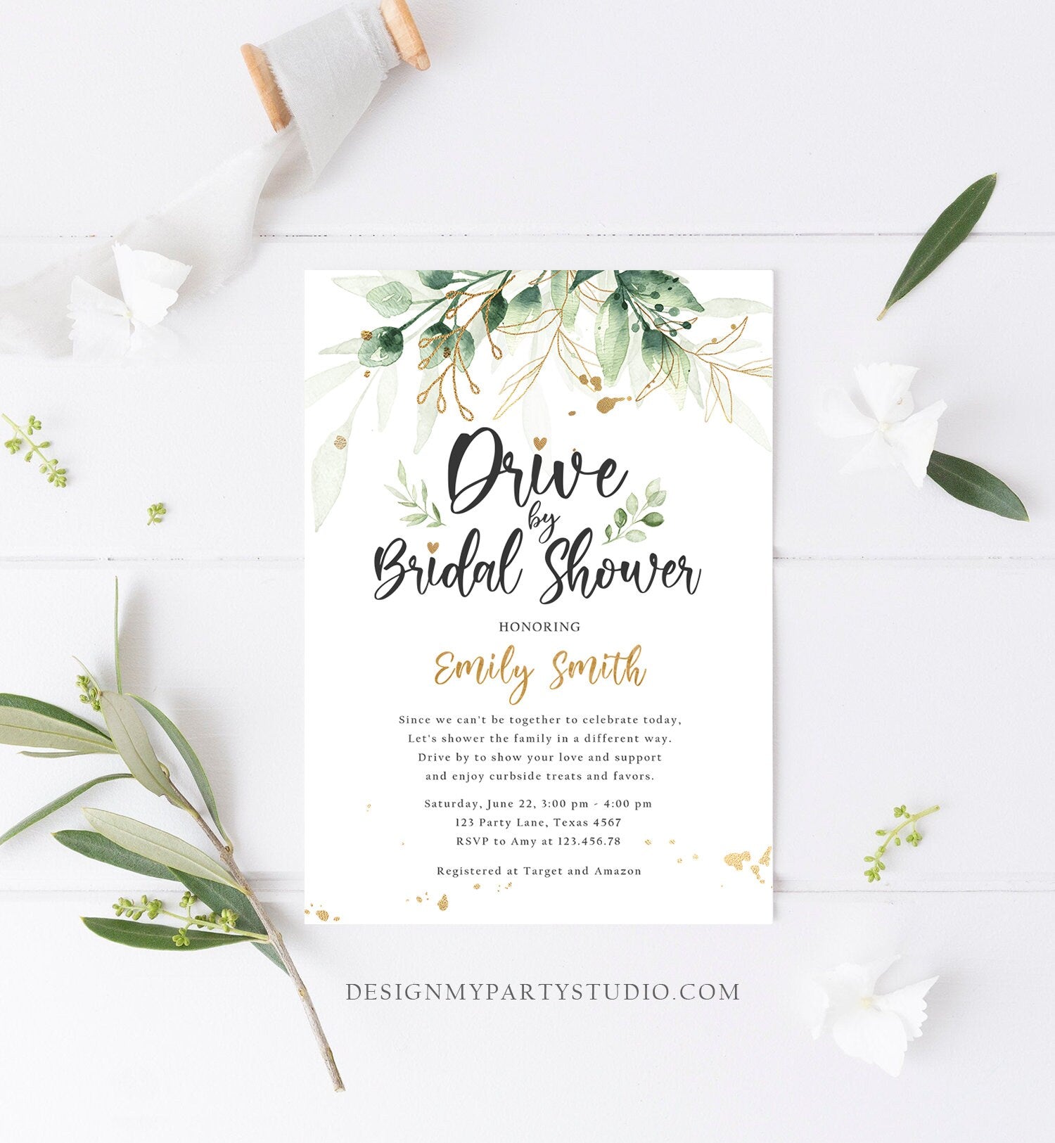 Editable Drive By Bridal Shower Invitation Drive Through Social Distancing Gold Floral Greenery Couples Coed Shower Corjl Template 0168