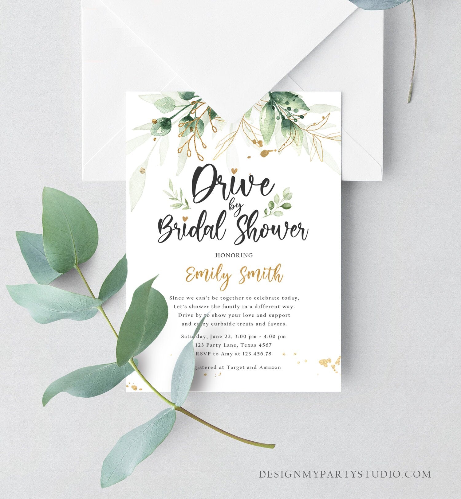 Editable Drive By Bridal Shower Invitation Drive Through Social Distancing Gold Floral Greenery Couples Coed Shower Corjl Template 0168