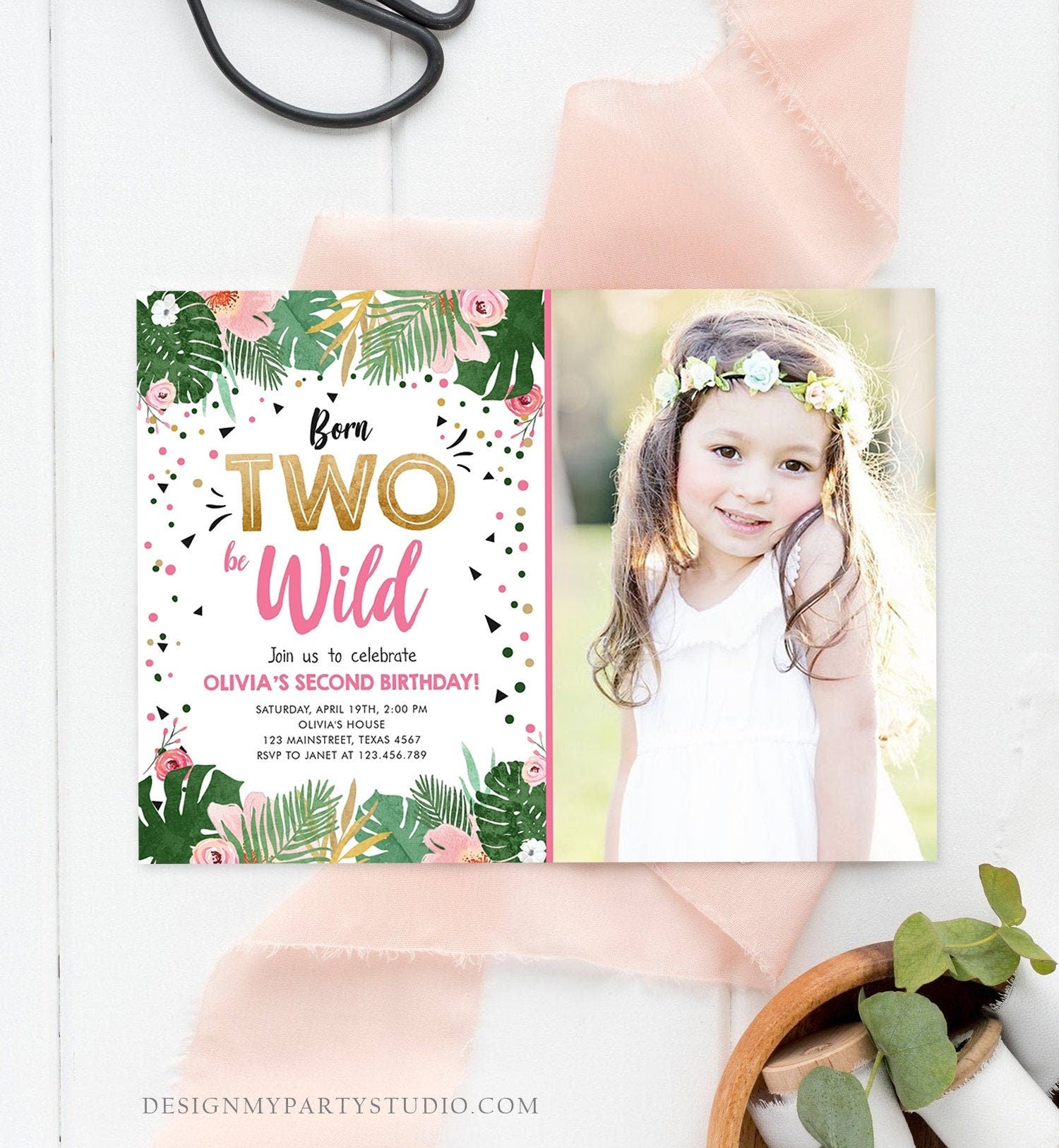 Editable Born Two be Wild Birthday Invitation Girl Tropical Safari Pink Gold Second Birthday 2nd Download Corjl Template Printable 0332