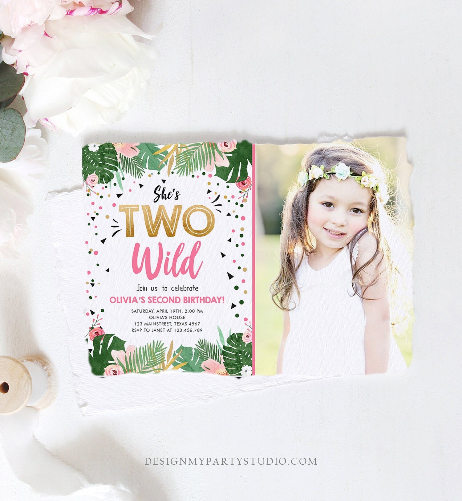 Editable Two Wild Birthday Invitation Girl Tropical Safari Pink Gold Jungle Second Birthday 2nd Download Corjl Template Printable 0332