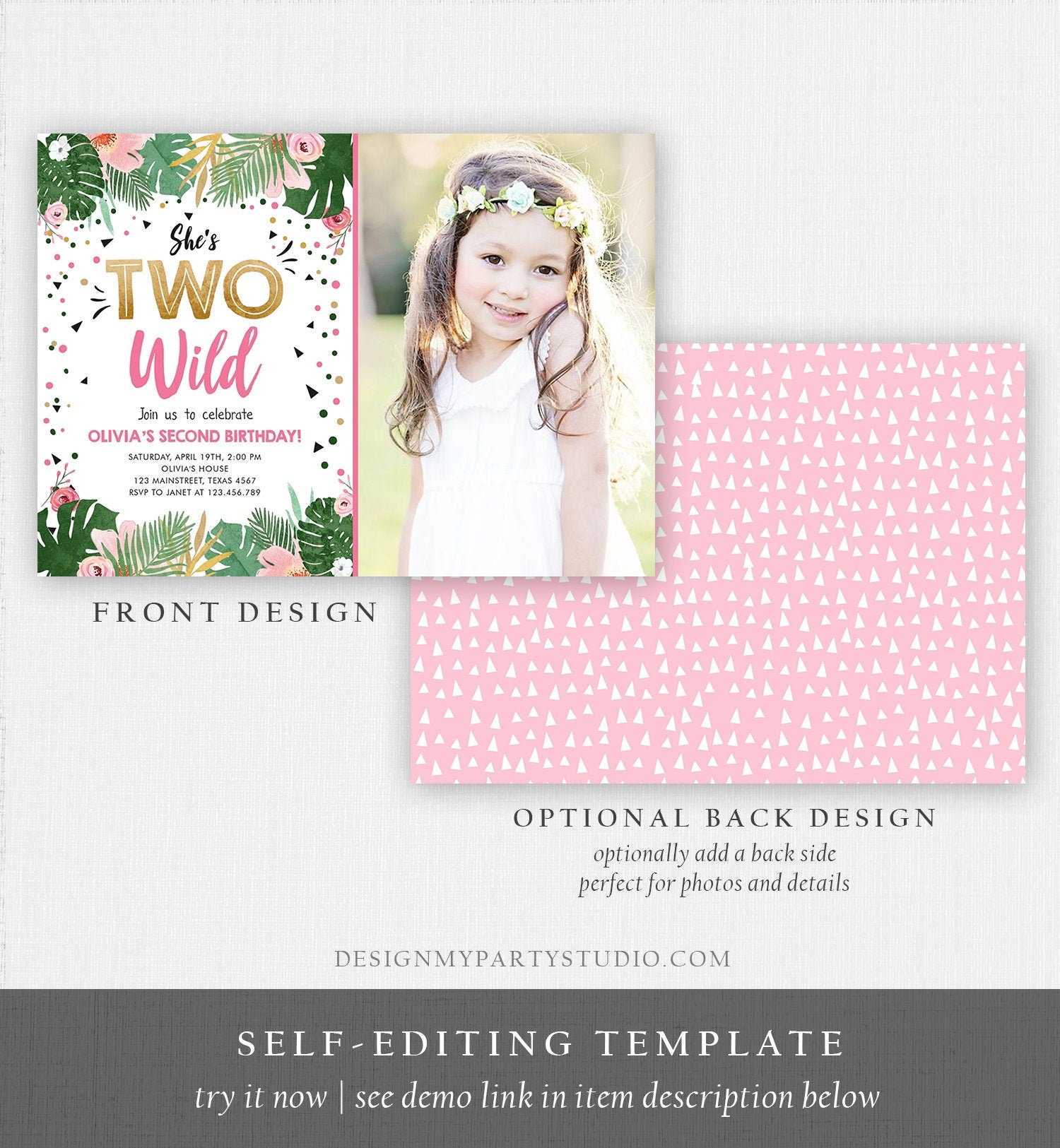 Editable Two Wild Birthday Invitation Girl Tropical Safari Pink Gold Jungle Second Birthday 2nd Download Corjl Template Printable 0332