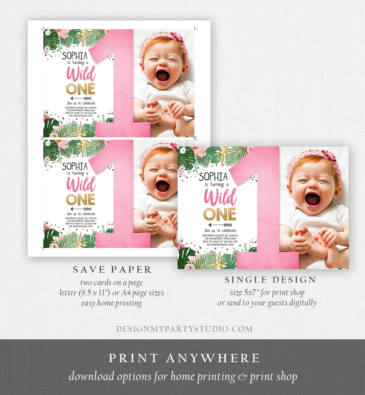 Editable Wild One Birthday Invitation Girl Tropical Safari Jungle Zoo Party Leaves Pink Gold First Birthday 1st Download Corjl Template 0332