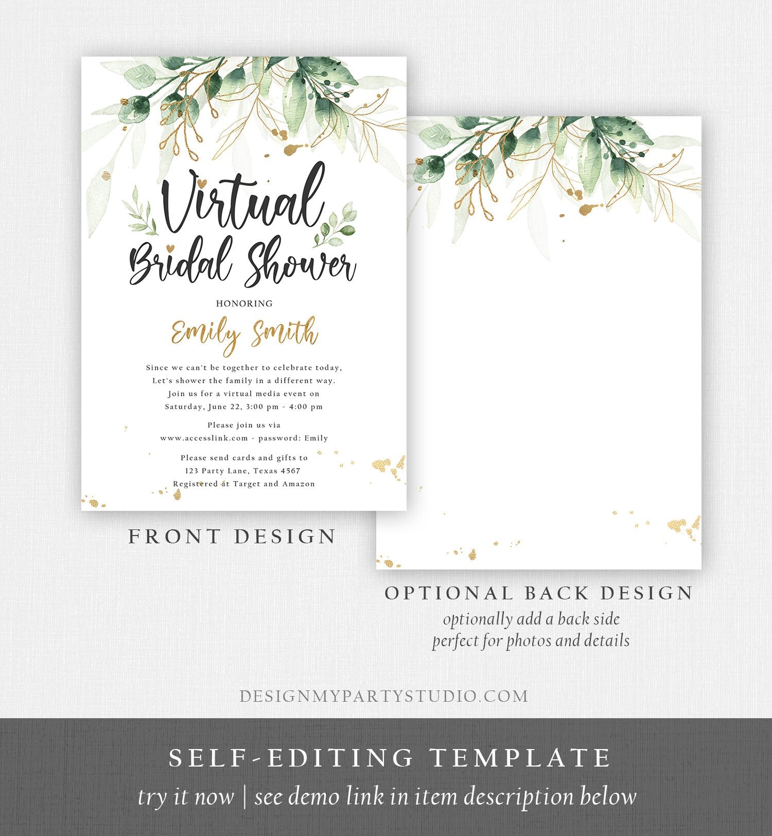 Editable Virtual Bridal Shower Invitation Drive By Through Social Distancing Gold Floral Greenery Couples Quarantine Corjl Template 0168