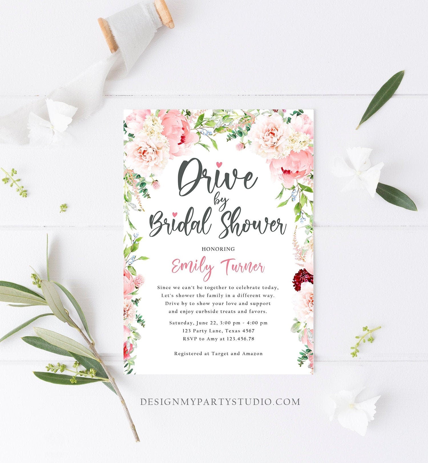 Editable Drive By Bridal Shower Invitation Drive Through Social Distancing Peony Floral Botanical Couples Coed Shower Corjl Template 0168