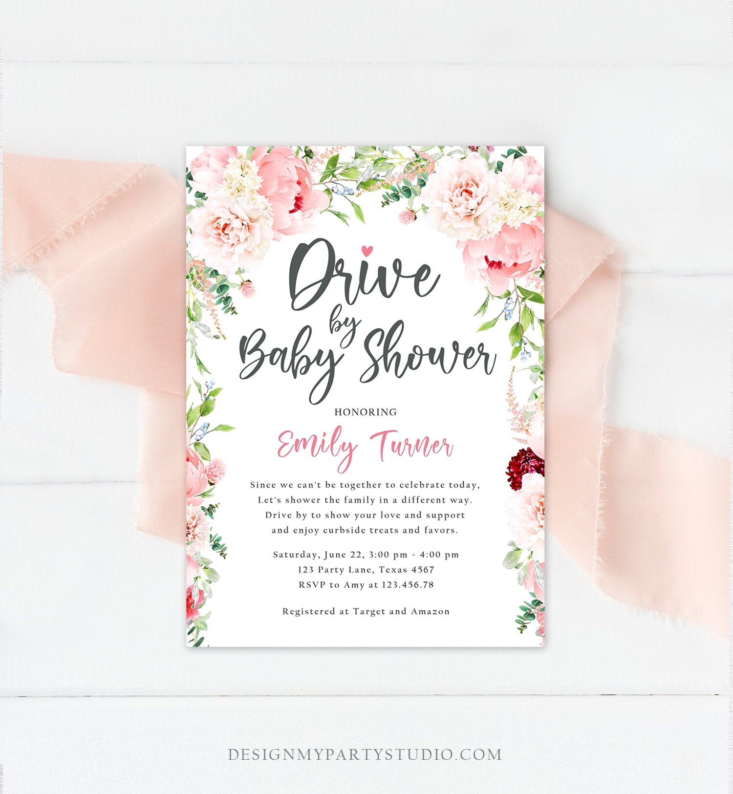 Editable Drive By Baby Shower Invitation Drive Through Social Distancing Peony Floral Botanical Couples Coed Shower Corjl Template 0168