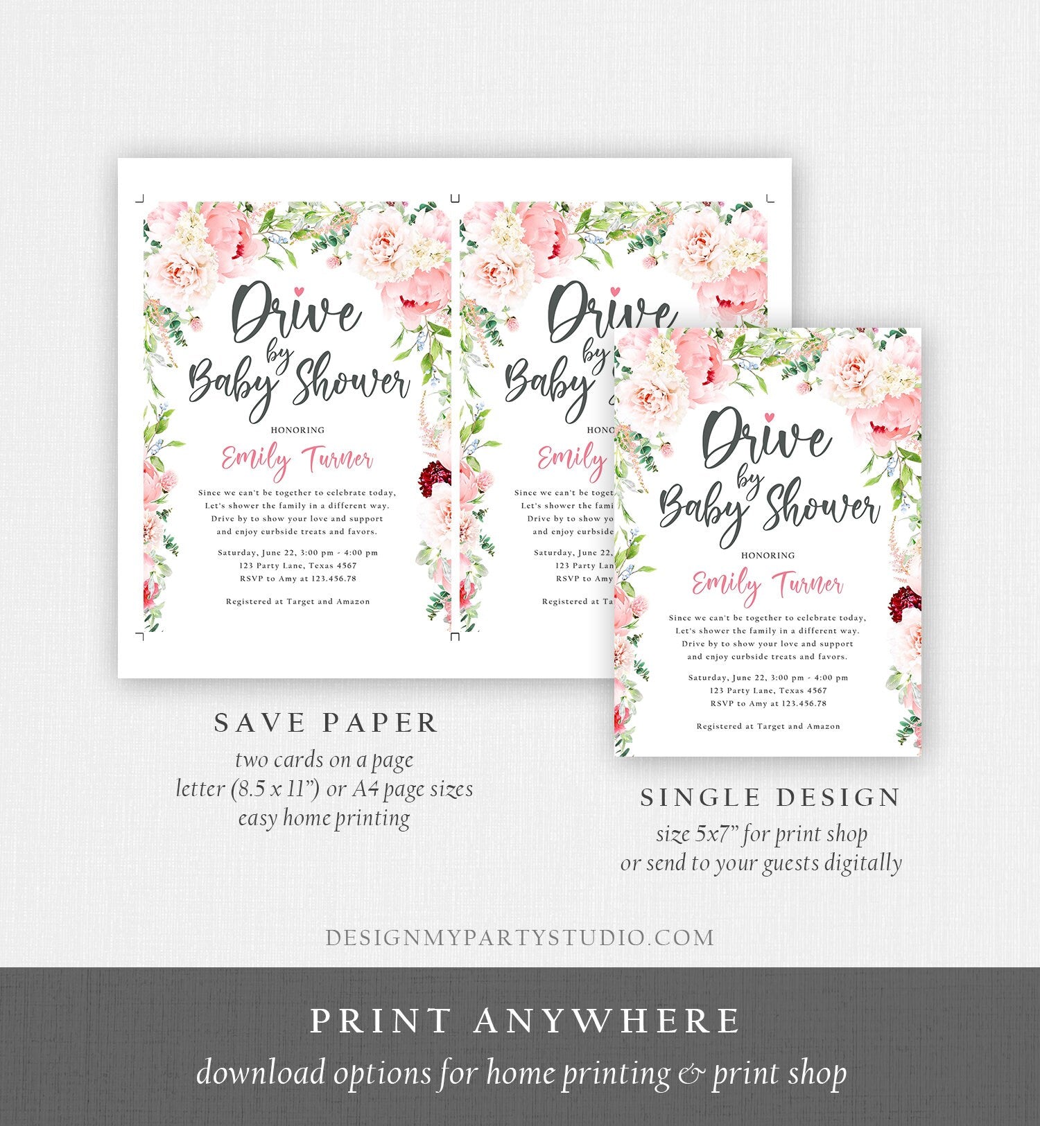 Editable Drive By Baby Shower Invitation Drive Through Social Distancing Peony Floral Botanical Couples Coed Shower Corjl Template 0168