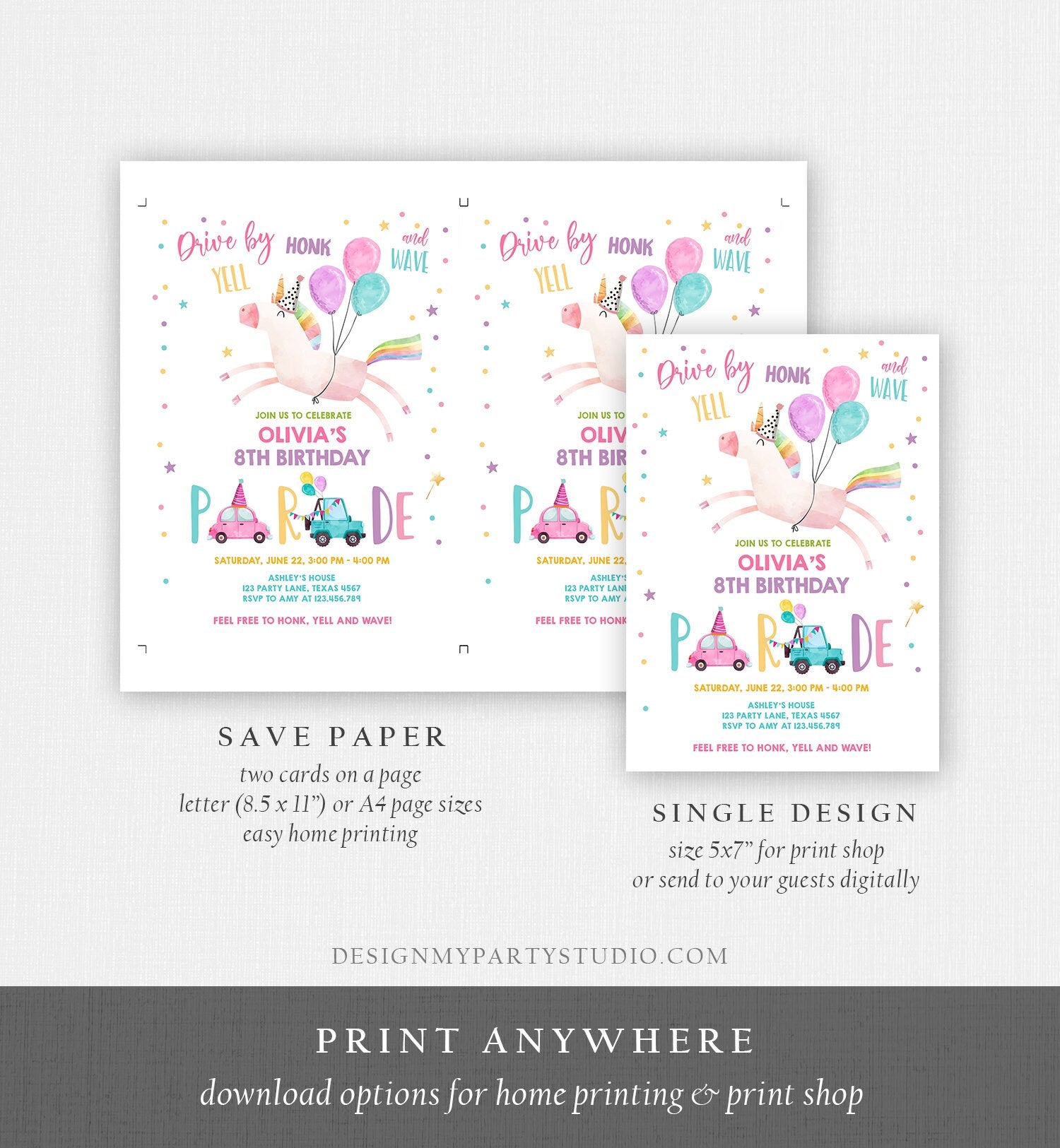 Editable Unicorn Drive By Birthday Parade Invitation Virtual Party Invite Honk Wave Car Girl Pink Quarantine Download Digital Corjl 0336