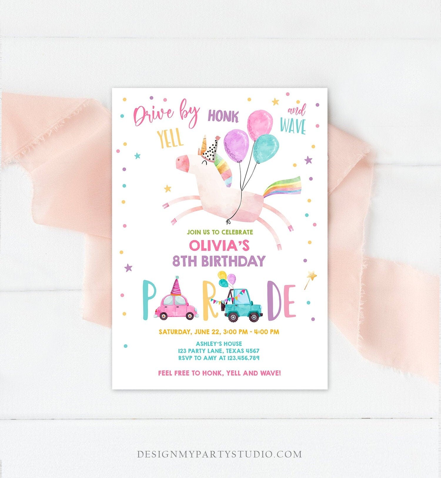 Editable Unicorn Drive By Birthday Parade Invitation Virtual Party Invite Honk Wave Car Girl Pink Quarantine Download Digital Corjl 0336