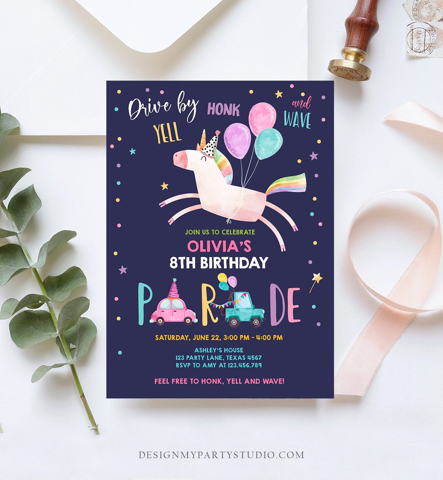 Editable Unicorn Drive By Birthday Parade Invitation Virtual Party Invite Honk Wave Car Girl Pink Quarantine Download Digital Corjl 0336