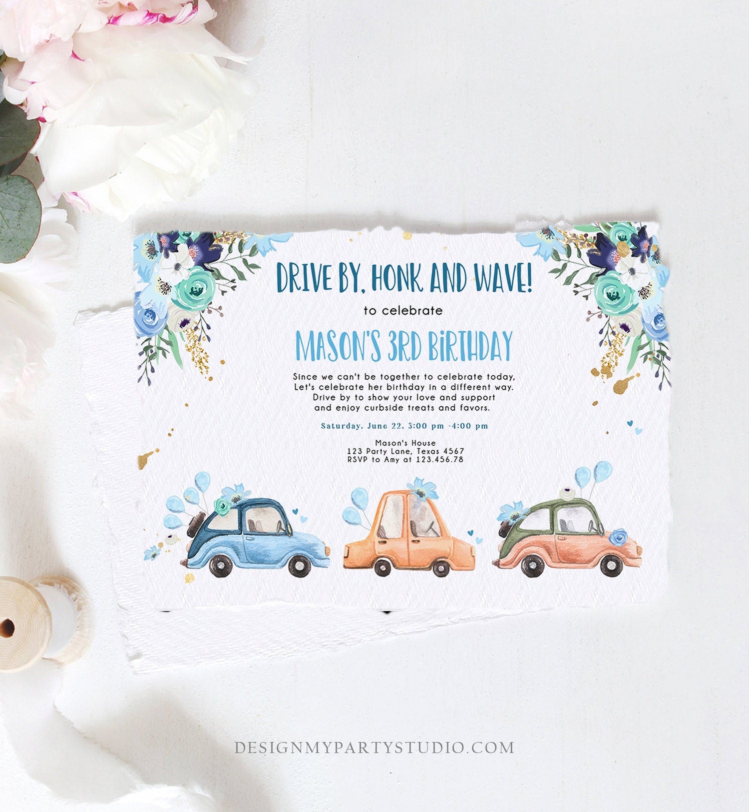 Editable Drive By Birthday Parade Invitation Virtual Party Invite Honk Wave Car Boy Blue Quarantine Drive Through Corjl Template 0335