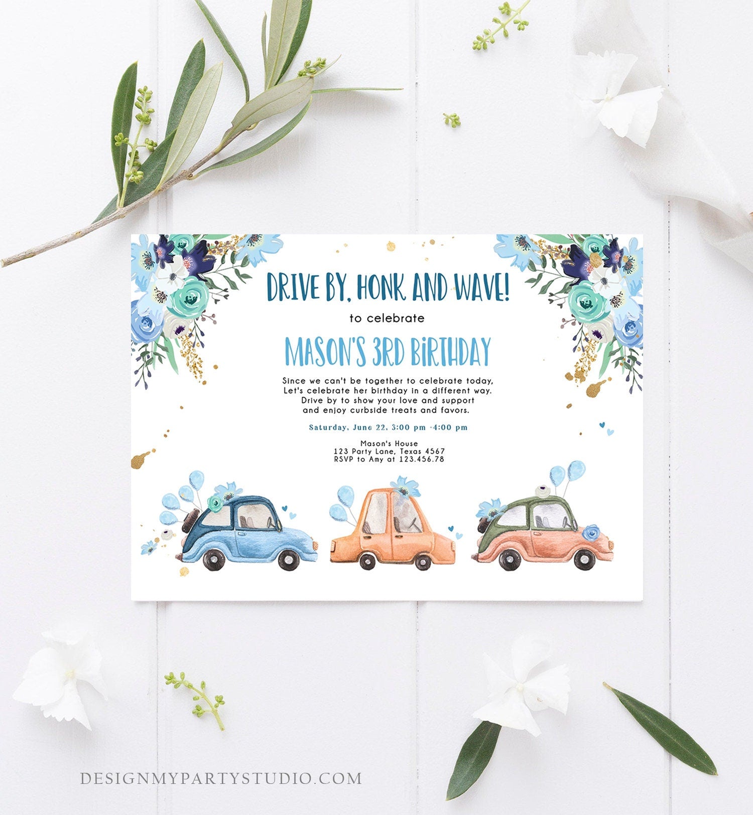 Editable Drive By Birthday Parade Invitation Virtual Party Invite Honk Wave Car Boy Blue Quarantine Drive Through Corjl Template 0335