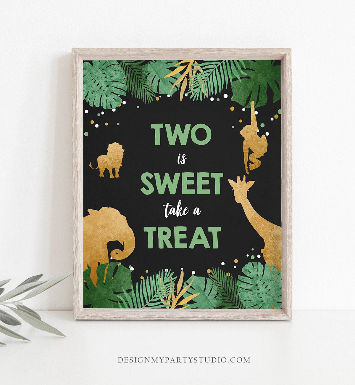 Two is Sweet Take a Treat Second Birthday Sign Boy Safari Animals Party 2nd Tropical Green Gold Jungle Zoo Table Sign Decor Printable 0016