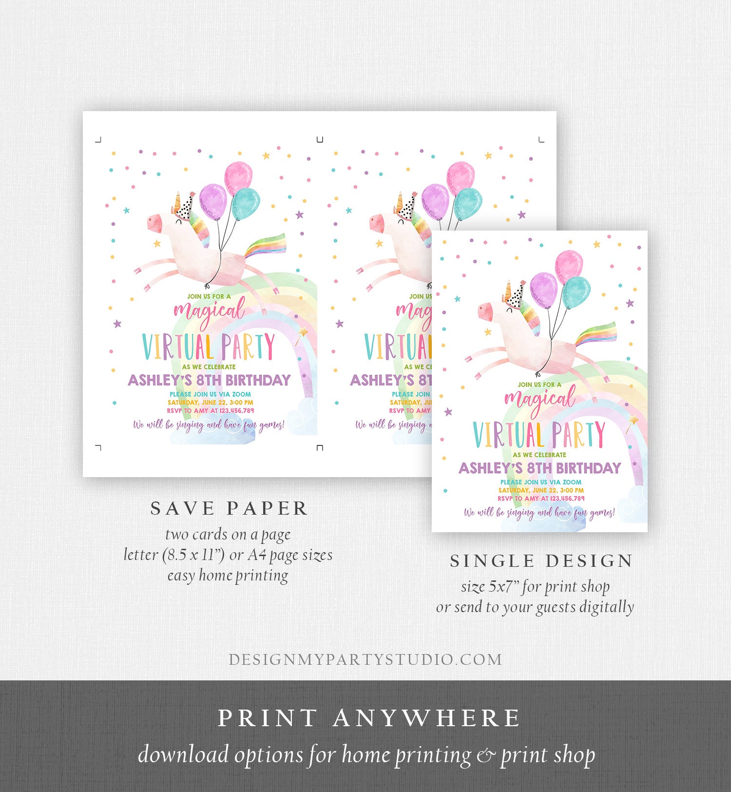 Editable Unicorn Virtual Birthday Party Invitation Virtual Party Invite Girl Pink Quarantine Birthday Zoom Download Digital Corjl 0336