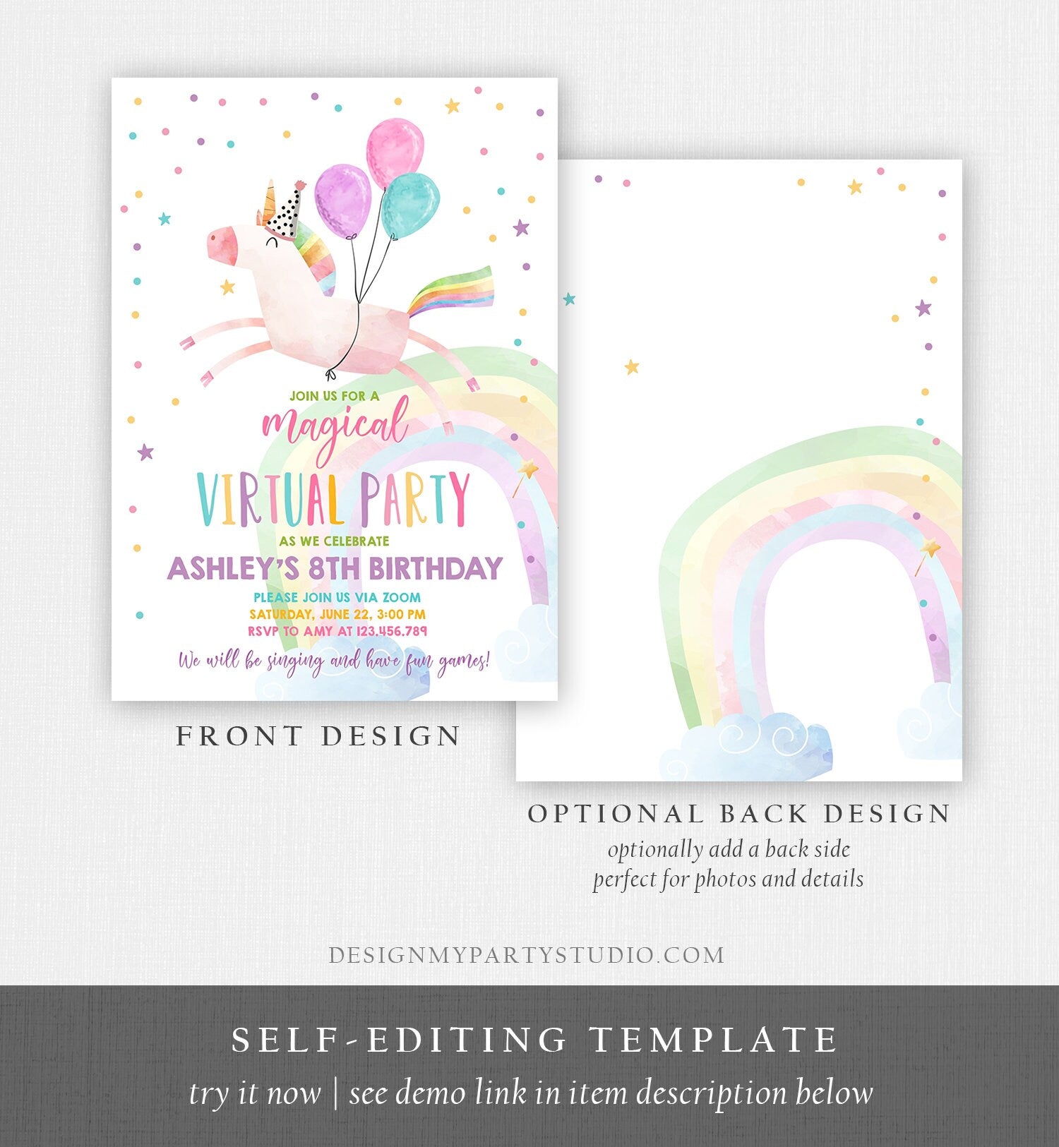 Editable Unicorn Virtual Birthday Party Invitation Virtual Party Invite Girl Pink Quarantine Birthday Zoom Download Digital Corjl 0336