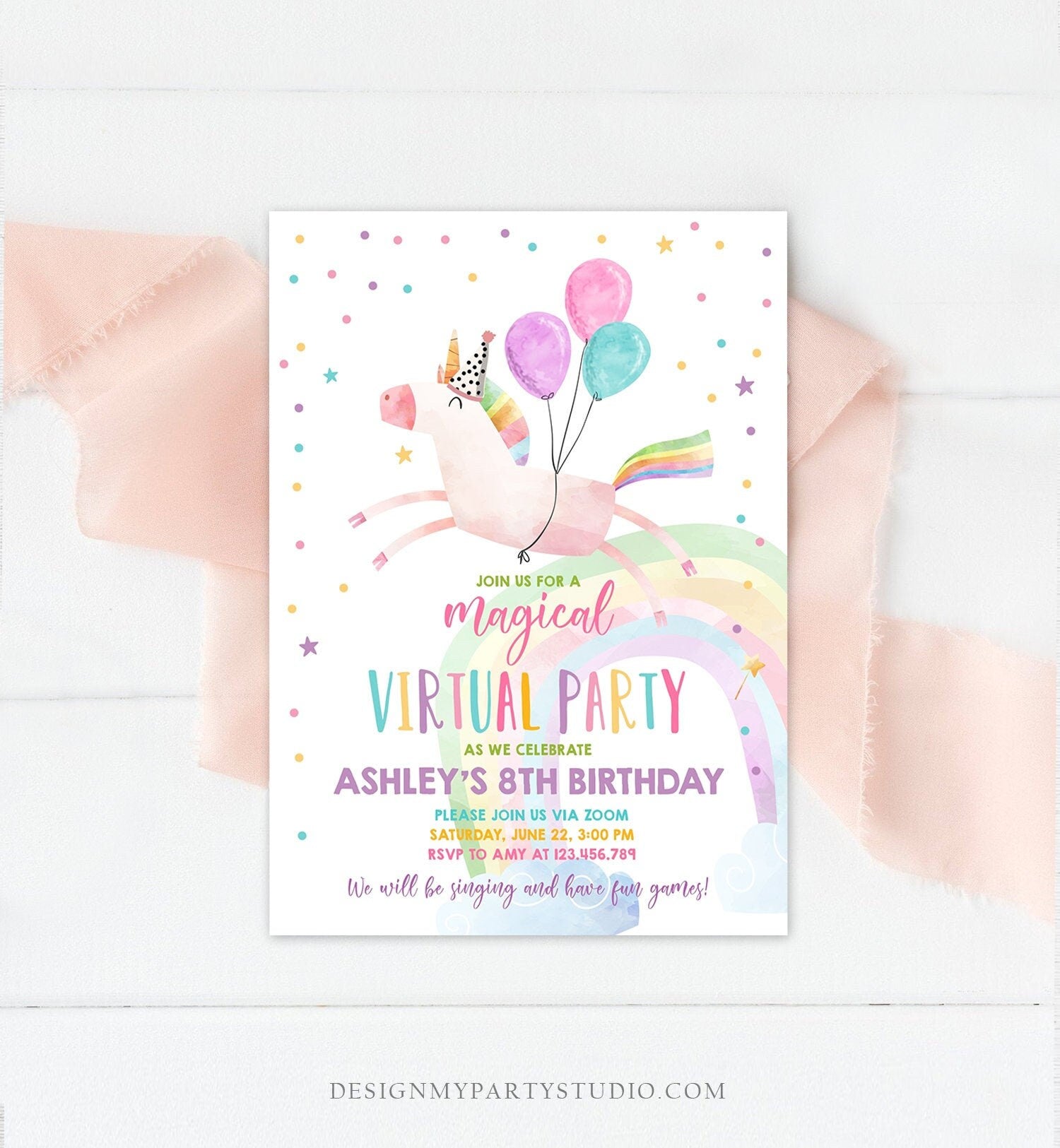 Editable Unicorn Virtual Birthday Party Invitation Virtual Party Invite Girl Pink Quarantine Birthday Zoom Download Digital Corjl 0336