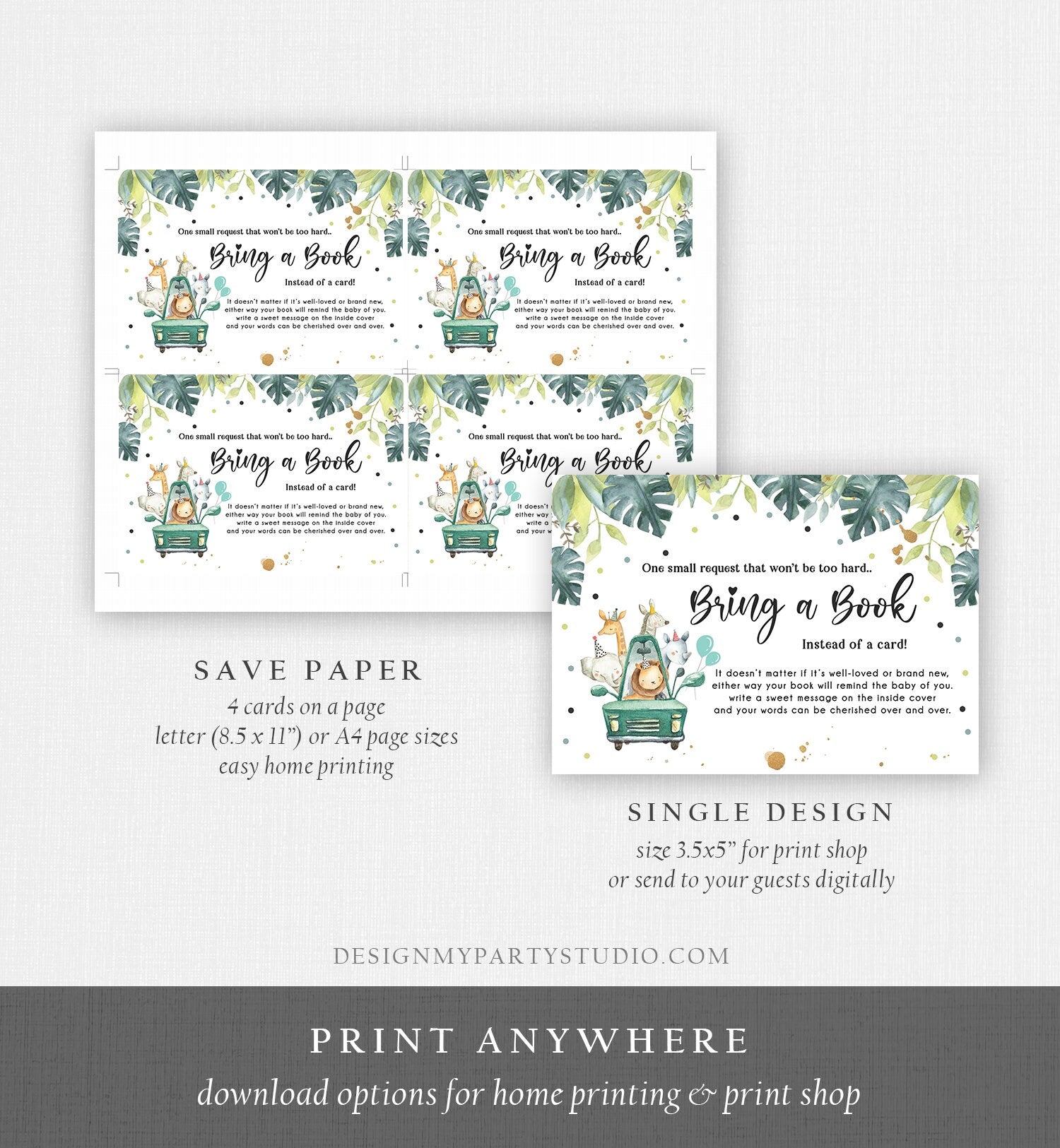 Editable Drive By Bring a Book Card Baby Shower Safari Animals Navy Blue Floral Boy Drive Through Request Insert Ticket Corjl Template 0345