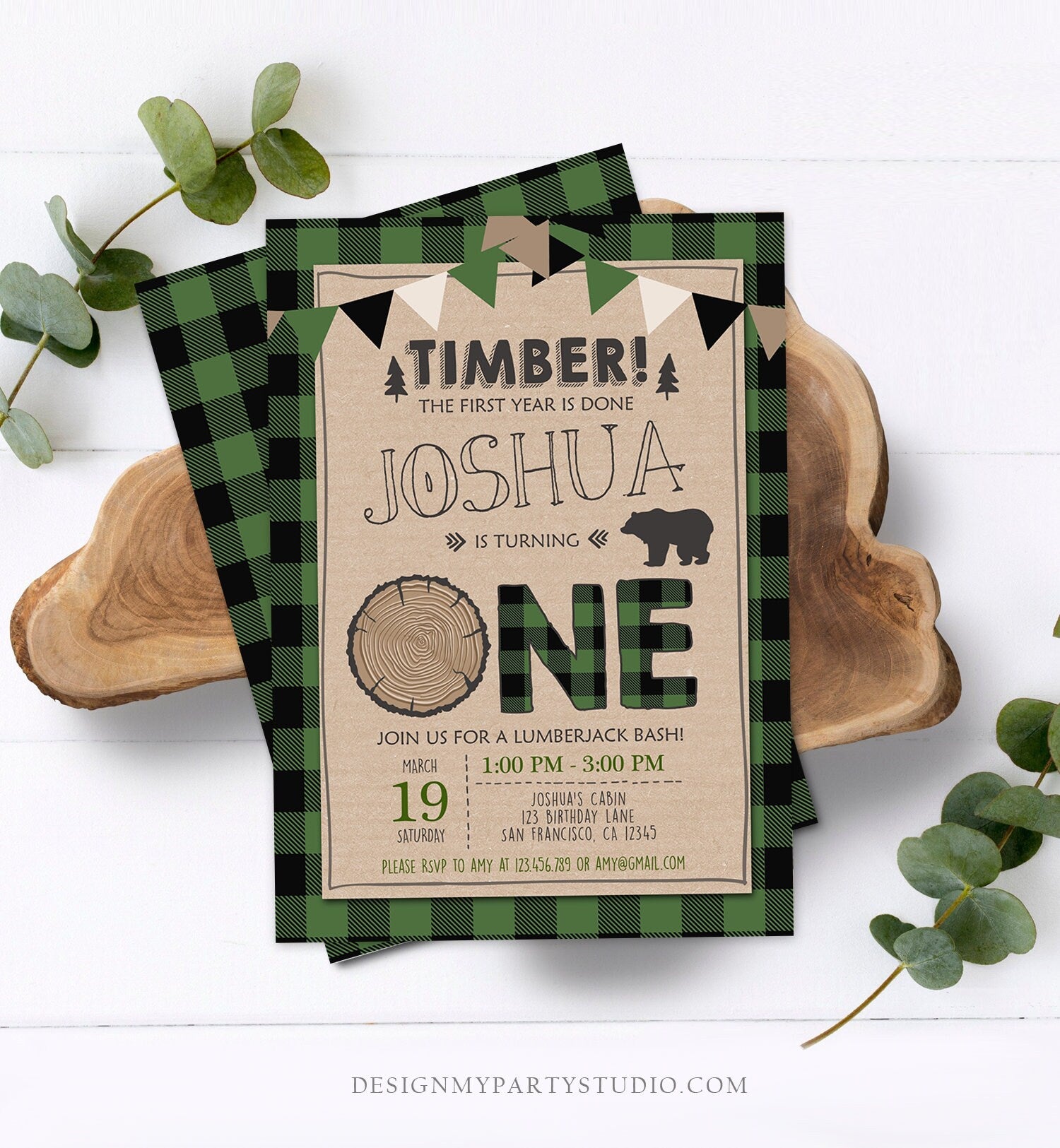 Editable Lumberjack Birthday Invitation Rustic Woodland Birthday Bear Forest Green Plaid Instant Download Printable Template Corjl 0026