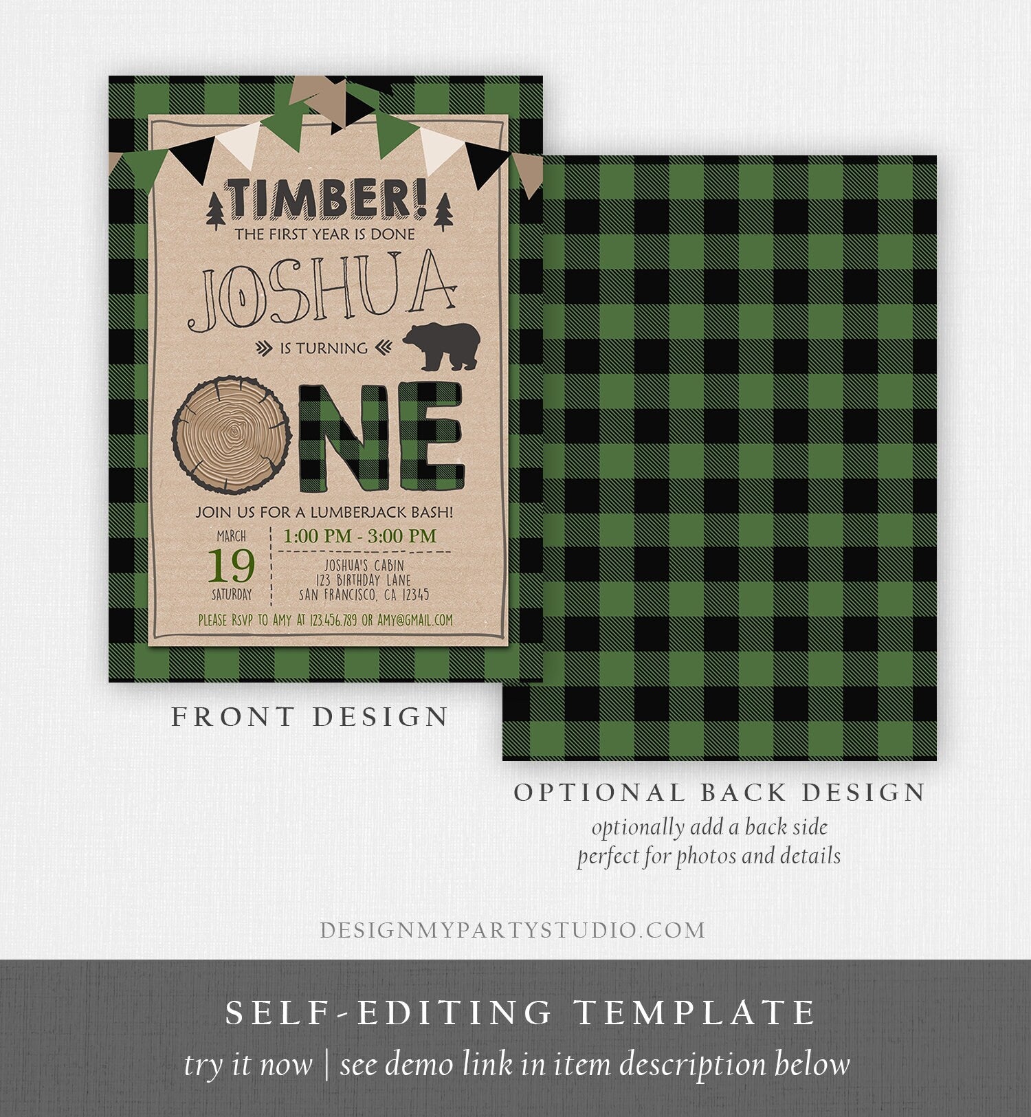 Editable Lumberjack Birthday Invitation Rustic Woodland Birthday Bear Forest Green Plaid Instant Download Printable Template Corjl 0026