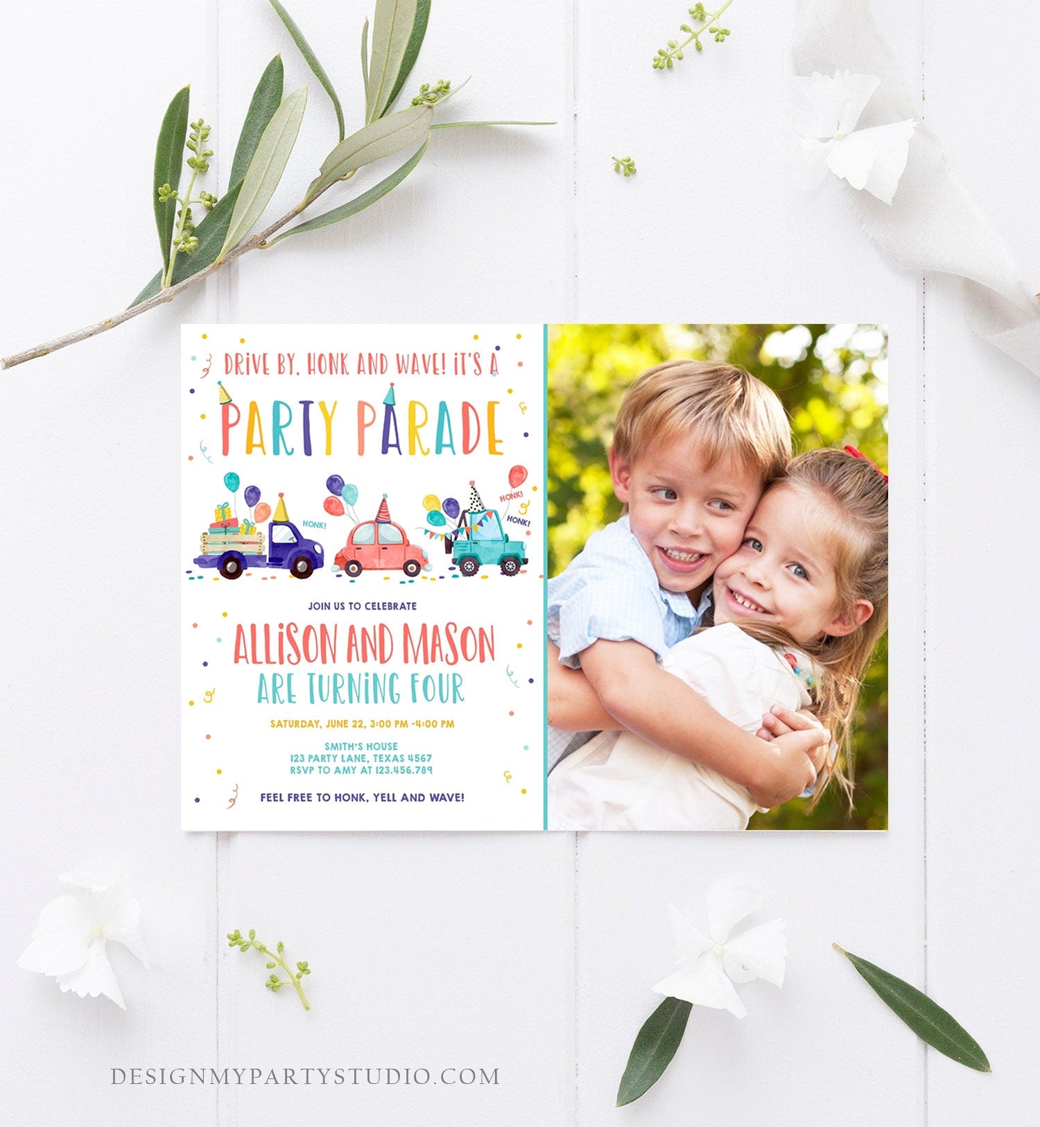 Editable Drive By Birthday Parade Invitation Virtual Party Invite Girl Boy Twin Joint Birthday Quarantine Download Digital Corjl 0333