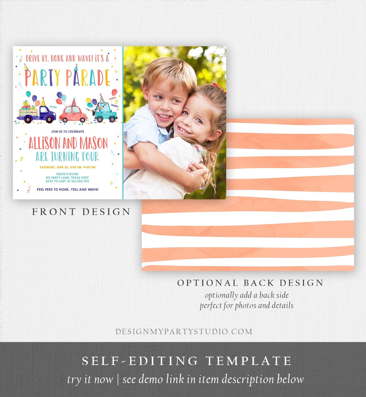 Editable Drive By Birthday Parade Invitation Virtual Party Invite Girl Boy Twin Joint Birthday Quarantine Download Digital Corjl 0333