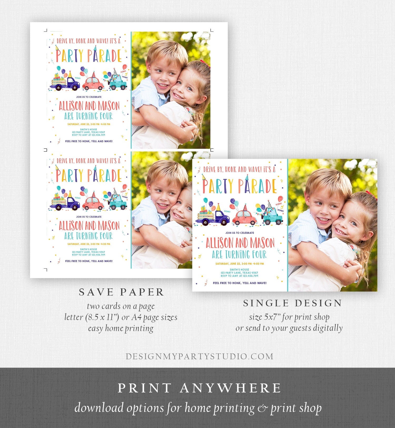 Editable Drive By Birthday Parade Invitation Virtual Party Invite Girl Boy Twin Joint Birthday Quarantine Download Digital Corjl 0333