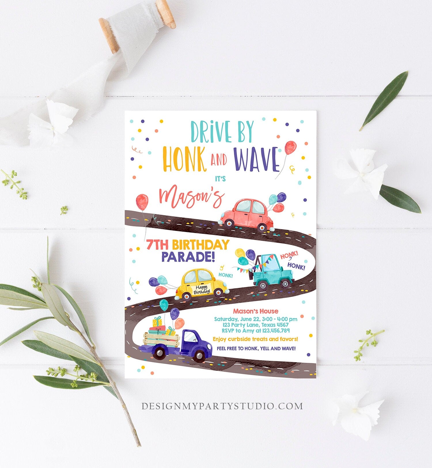 Editable Drive By Birthday Parade Invitation Virtual Party Invite Honk Wave Car Boy Girl Quarantine Instant Download Digital Corjl 0333