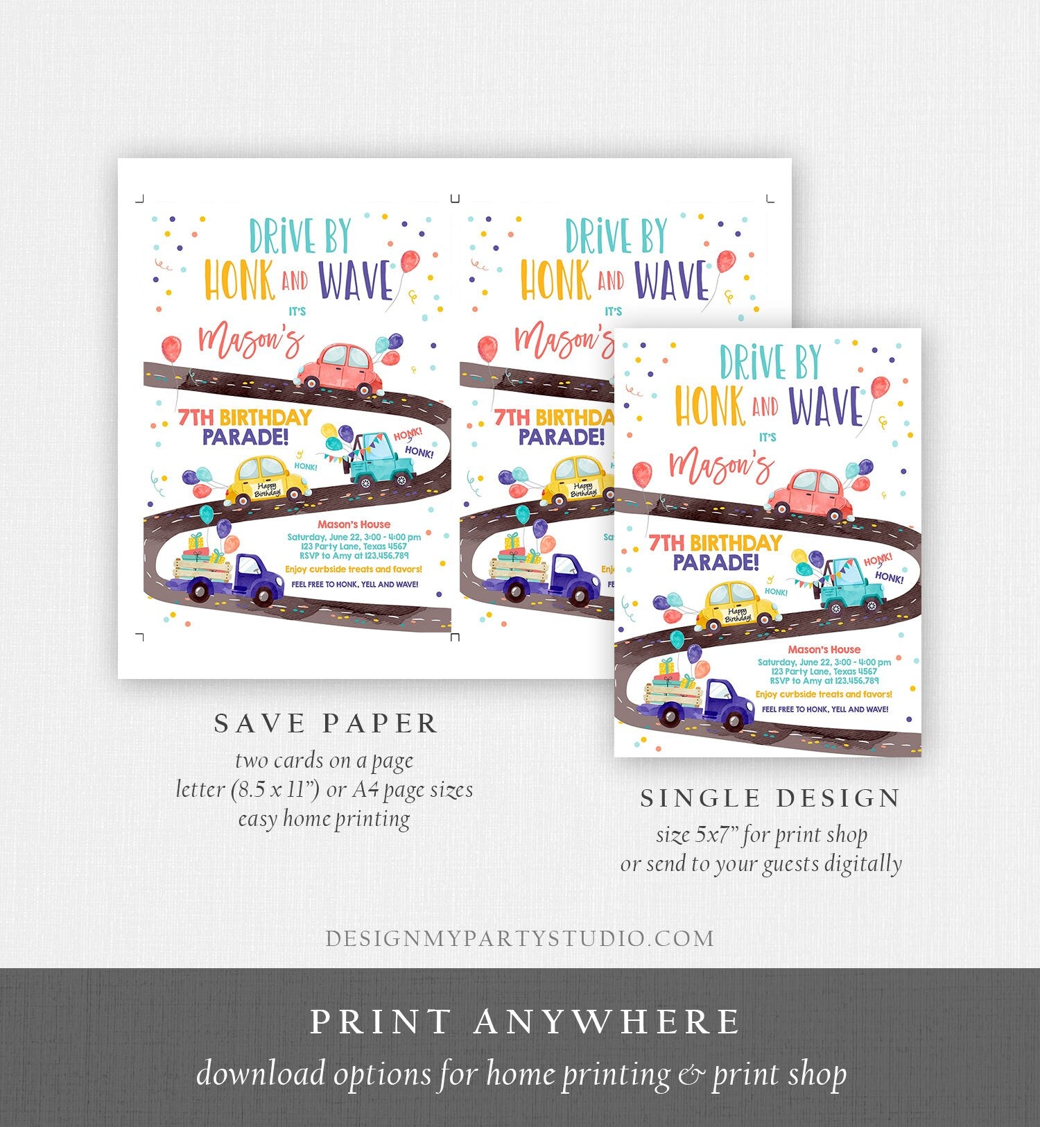 Editable Drive By Birthday Parade Invitation Virtual Party Invite Honk Wave Car Boy Girl Quarantine Instant Download Digital Corjl 0333