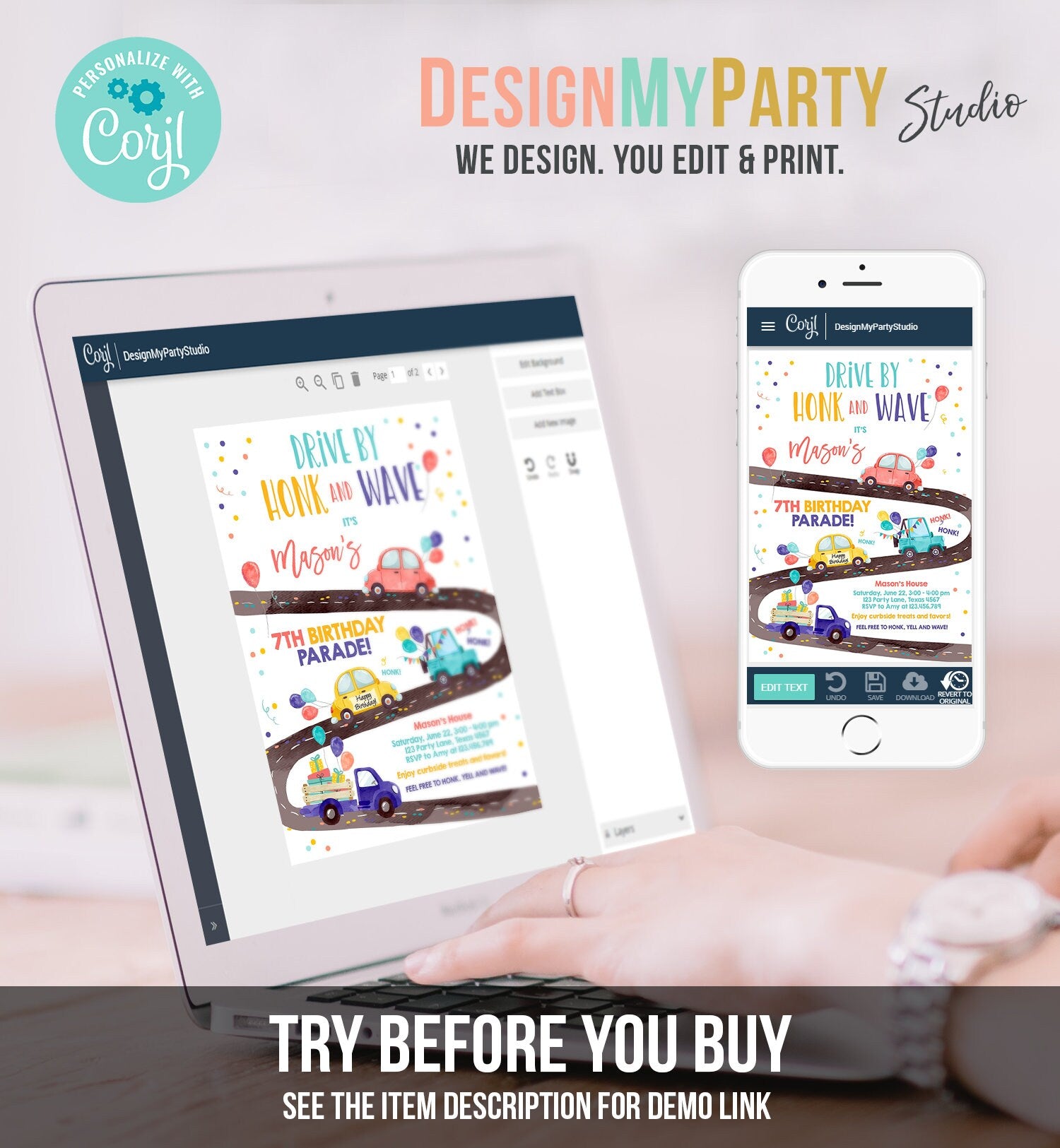 Editable Drive By Birthday Parade Invitation Virtual Party Invite Honk Wave Car Boy Girl Quarantine Instant Download Digital Corjl 0333