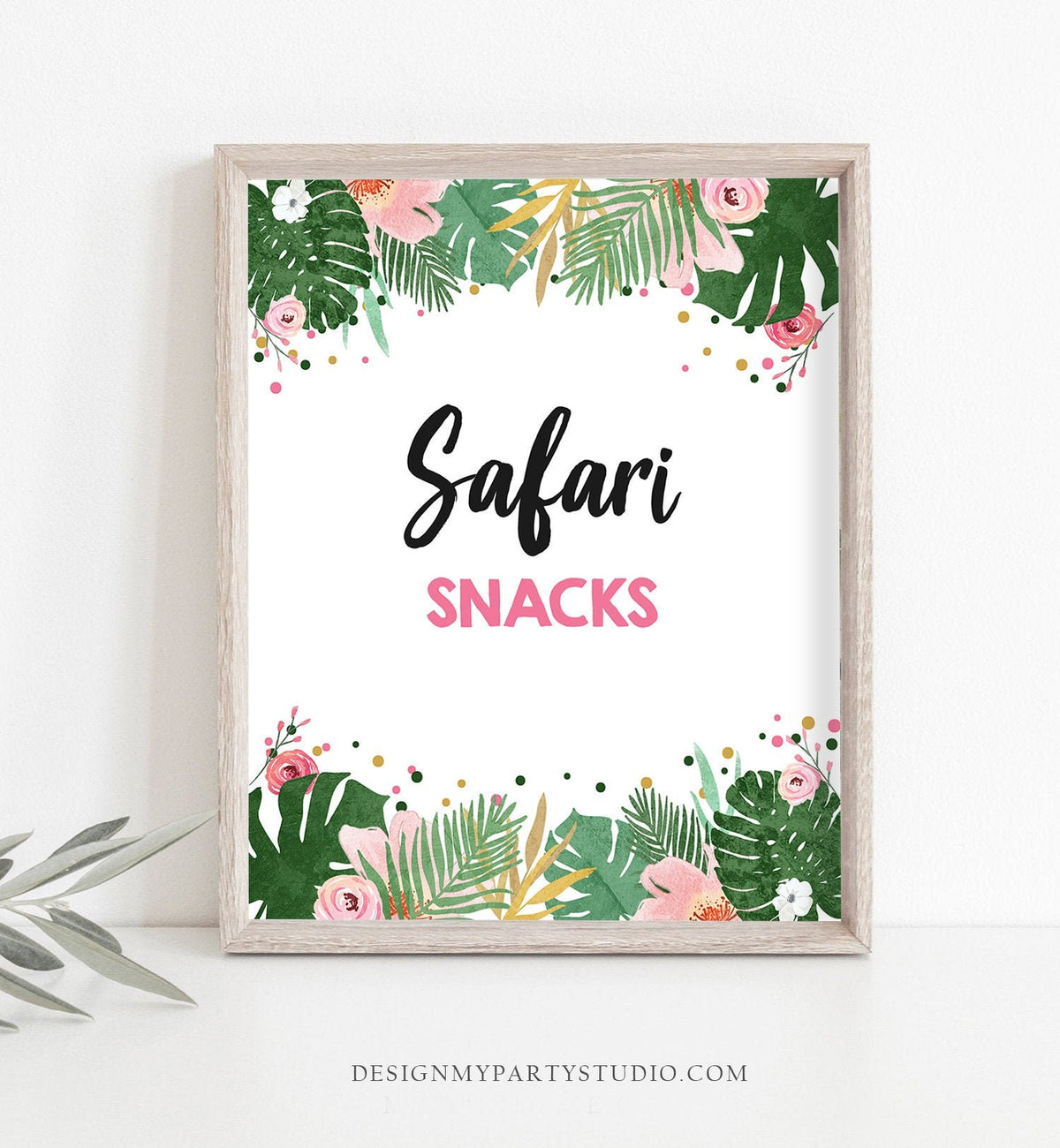 Safari Snacks Birthday Sign Table Decor Tropical Safari Birthday Wild One Animals Girl Pink Gold Food Table Decor Party PRINTABLE 0332