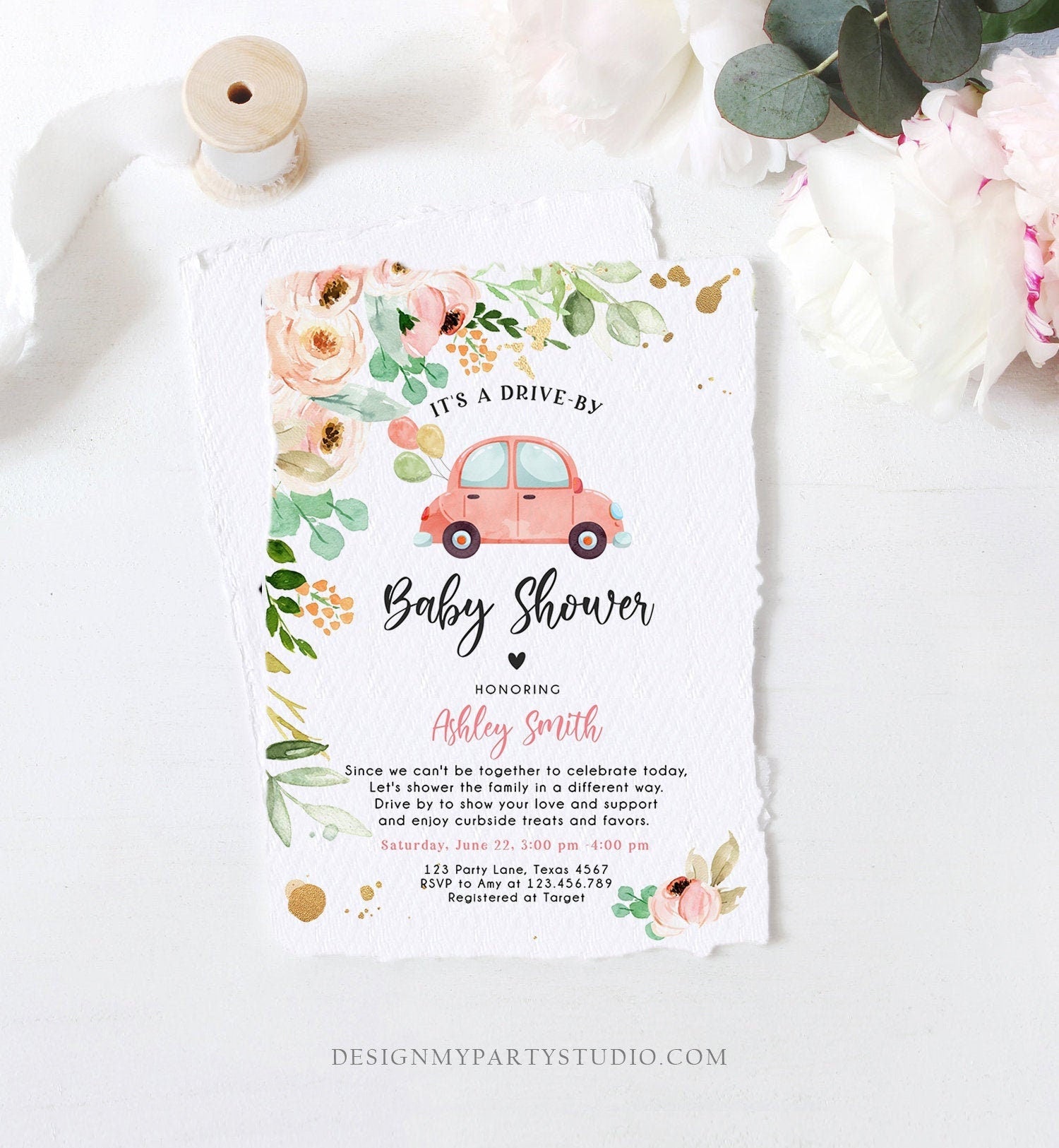 Editable Drive By Baby Shower Invitation Pink Coral Gold Girl Baby Shower Invite Quarantine Car Parade Floral Template Download Corjl 0346