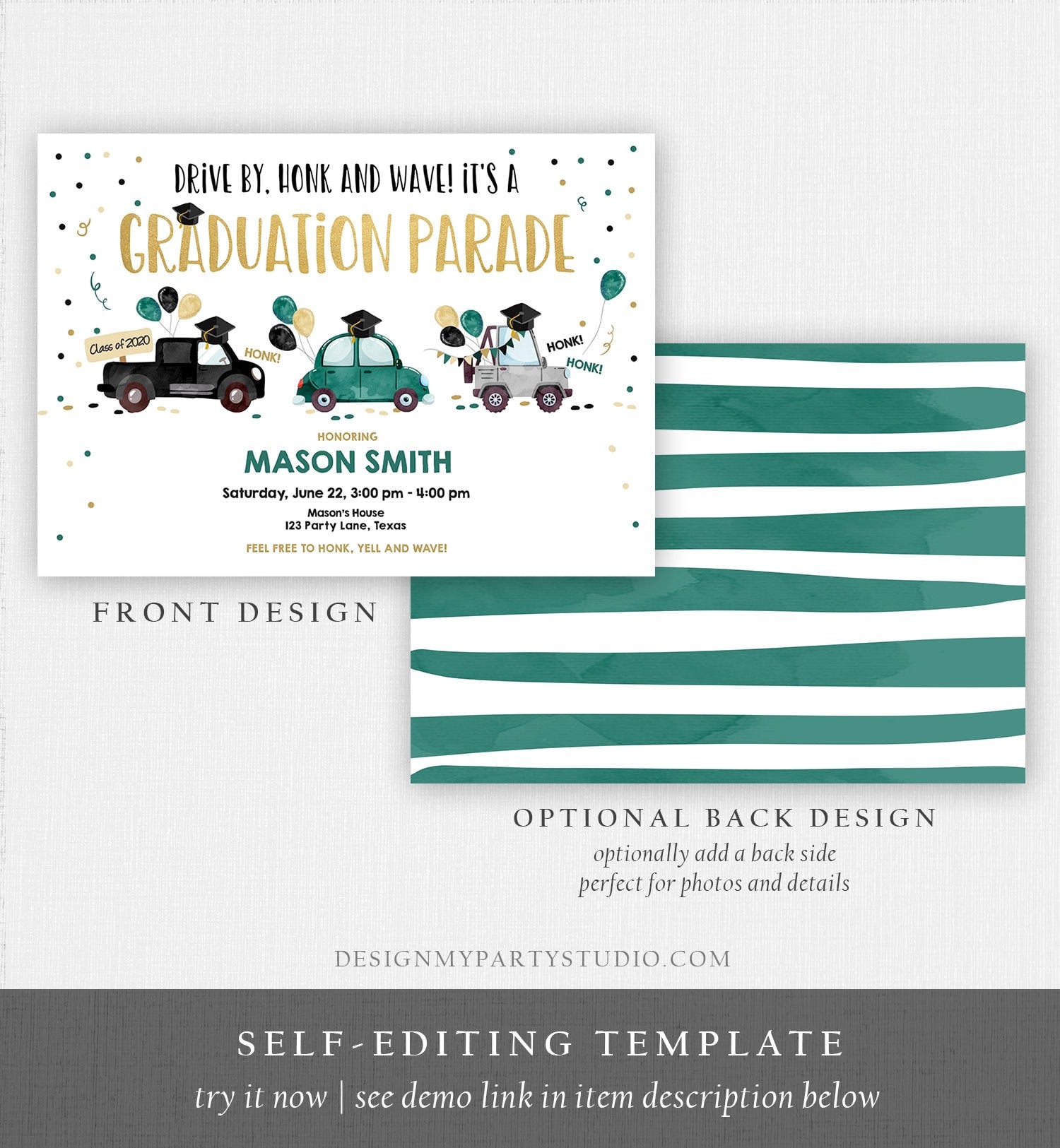 Editable Drive By Graduation Parade Invitation Virtual Party Green Girl Boy Graduate High School Grad Class 2021 Quarantine Corjl 0337