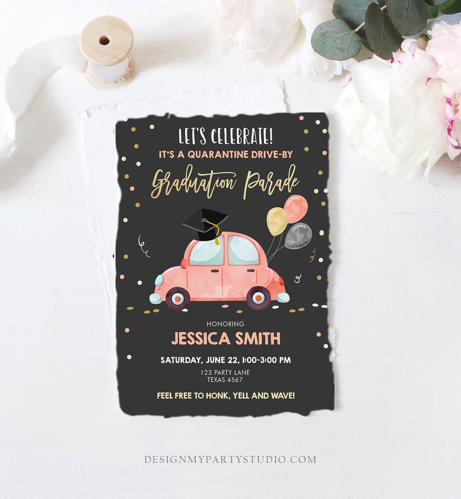 Editable Drive By Graduation Parade Invitation Virtual Party Coral Girl Graduate High School Grad Class 2020 Quarantine Digital Corjl 0337