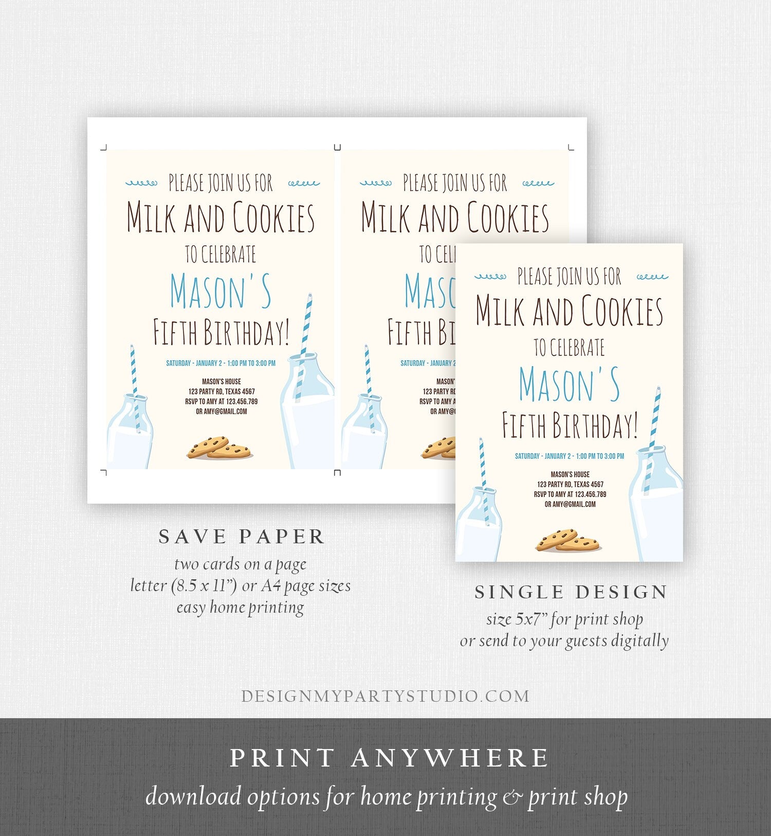 Editable Milk and Cookies Birthday Invitation Milk & Cookies Party Boy Blue Sweet Chocolate Chip Cookie Corjl Template Printable 0088