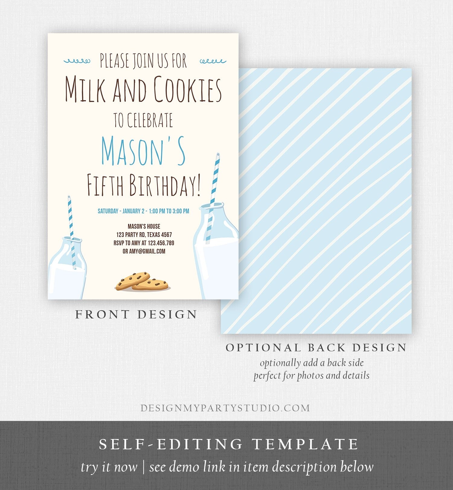 Editable Milk and Cookies Birthday Invitation Milk & Cookies Party Boy Blue Sweet Chocolate Chip Cookie Corjl Template Printable 0088