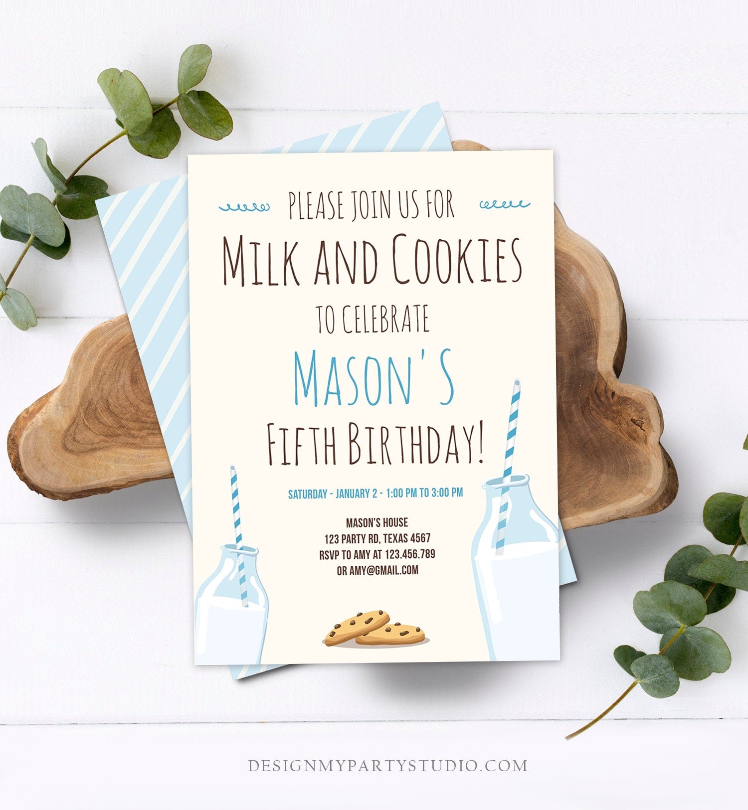 Editable Milk and Cookies Birthday Invitation Milk & Cookies Party Boy Blue Sweet Chocolate Chip Cookie Corjl Template Printable 0088