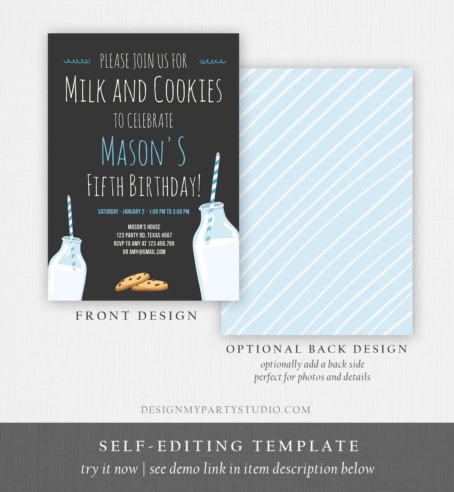 Editable Milk and Cookies Birthday Invitation Milk & Cookies Party Boy Blue Sweet Chocolate Chip Cookie Corjl Template Printable 0088